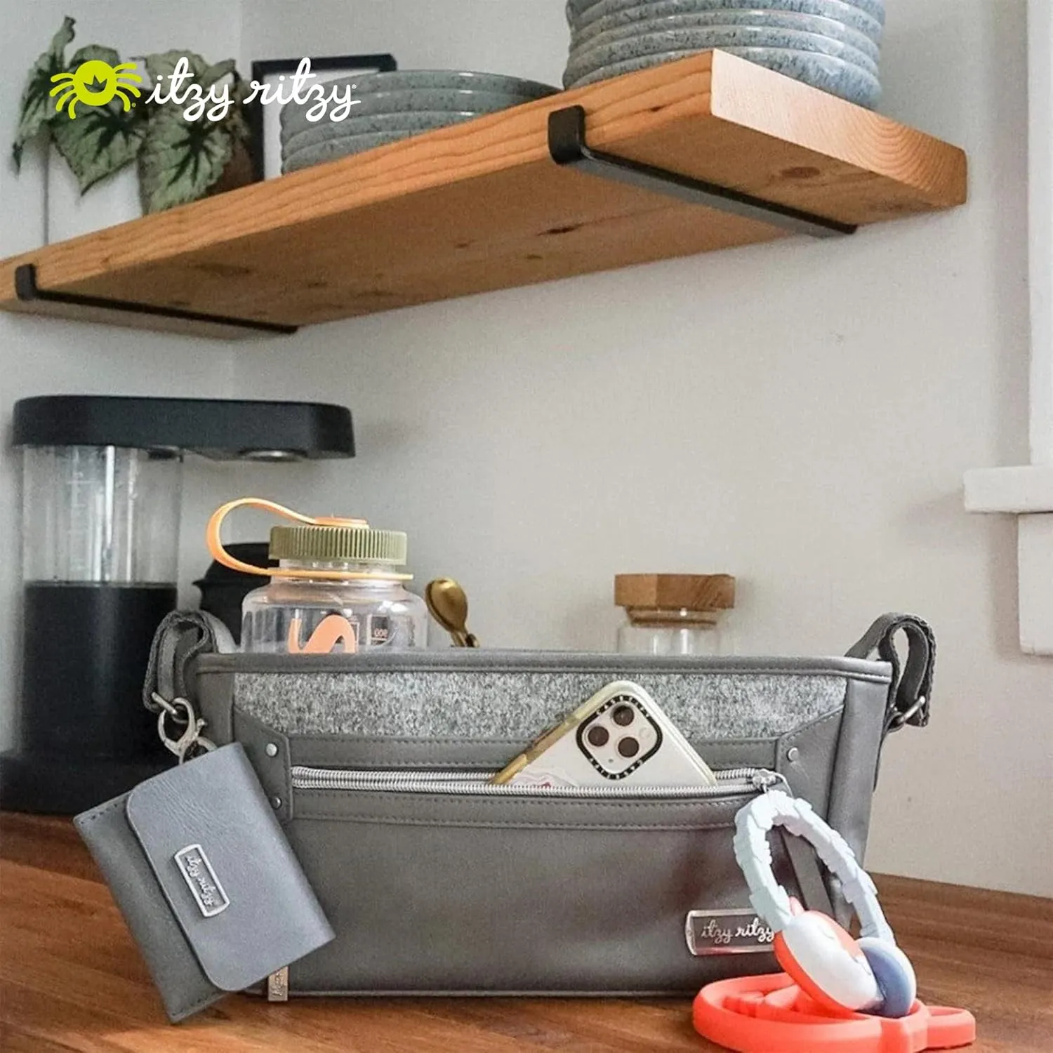 Itzy Ritzy Adjustable Stroller Caddy/Organizer - Stroller Organizer Bag Featuring Front Zippered Pocket, 2 Built-In Interior Pockets & Adjustable Straps to Fit Nearly Any Stroller (Grayson)