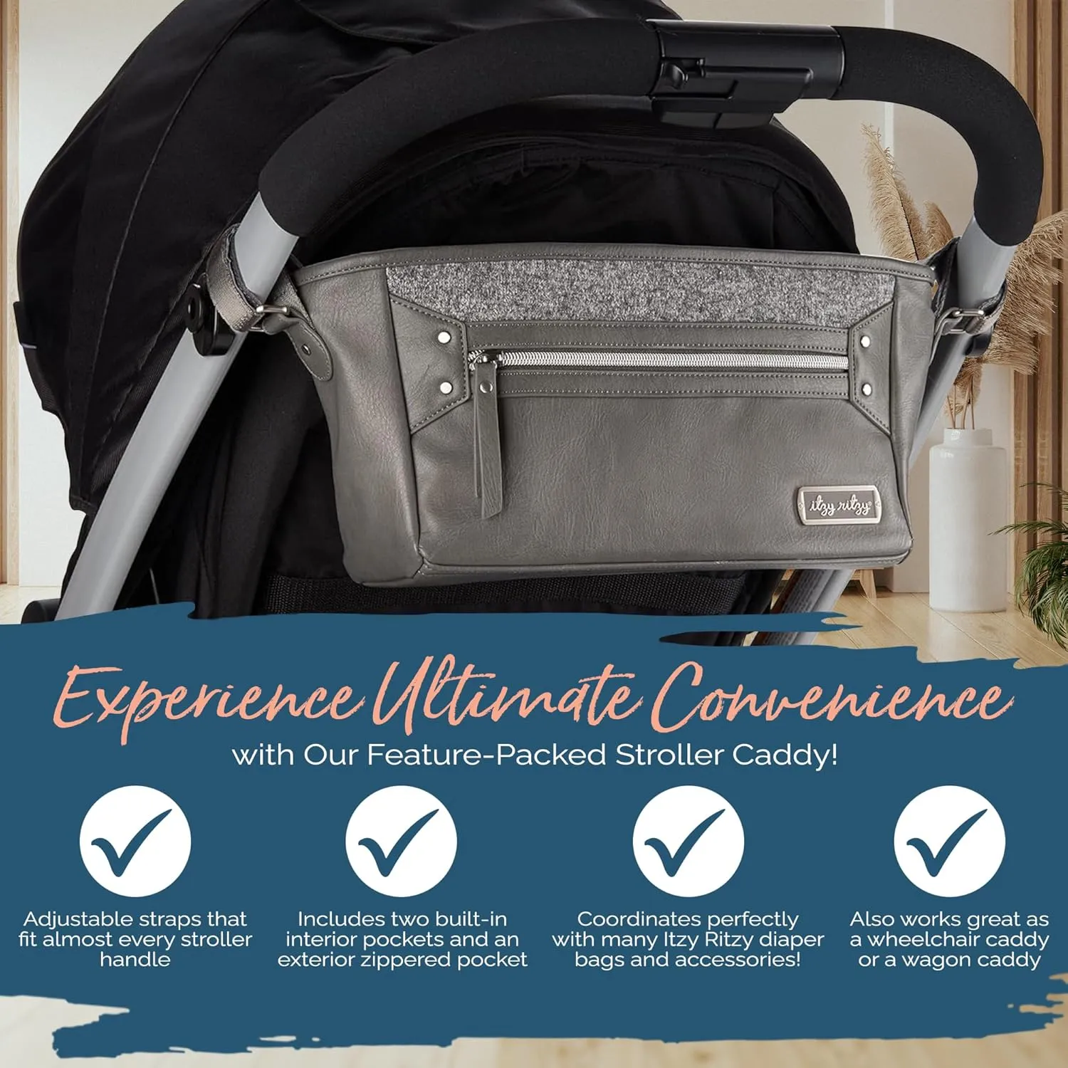 Itzy Ritzy Adjustable Stroller Caddy/Organizer - Stroller Organizer Bag Featuring Front Zippered Pocket, 2 Built-In Interior Pockets & Adjustable Straps to Fit Nearly Any Stroller (Grayson)