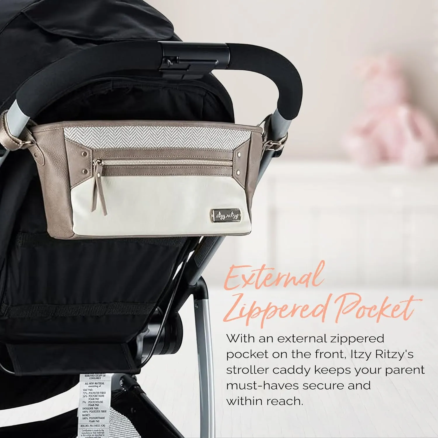 Itzy Ritzy Adjustable Stroller Caddy/Organizer - Stroller Organizer Bag Featuring Front Zippered Pocket, 2 Built-In Interior Pockets & Adjustable Straps to Fit Nearly Any Stroller (Vanilla Latte)