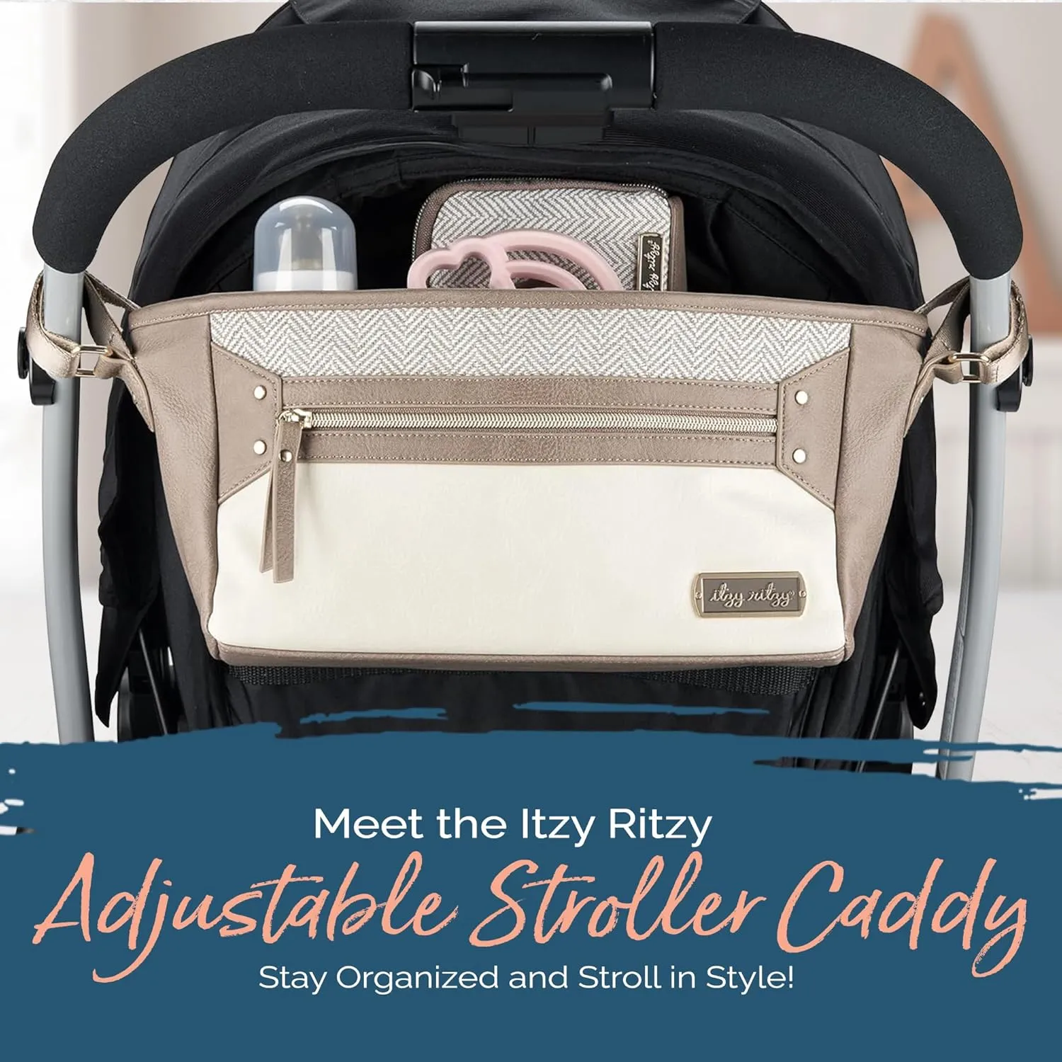 Itzy Ritzy Adjustable Stroller Caddy/Organizer - Stroller Organizer Bag Featuring Front Zippered Pocket, 2 Built-In Interior Pockets & Adjustable Straps to Fit Nearly Any Stroller (Vanilla Latte)