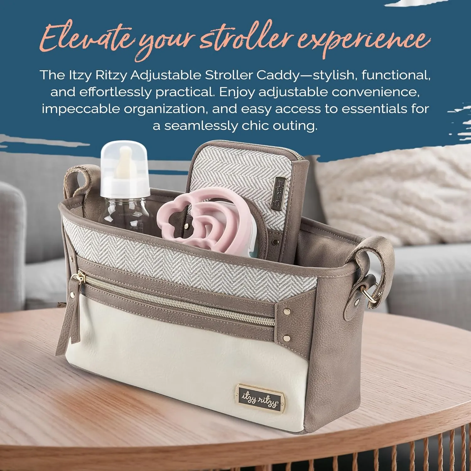 Itzy Ritzy Adjustable Stroller Caddy/Organizer - Stroller Organizer Bag Featuring Front Zippered Pocket, 2 Built-In Interior Pockets & Adjustable Straps to Fit Nearly Any Stroller (Vanilla Latte)