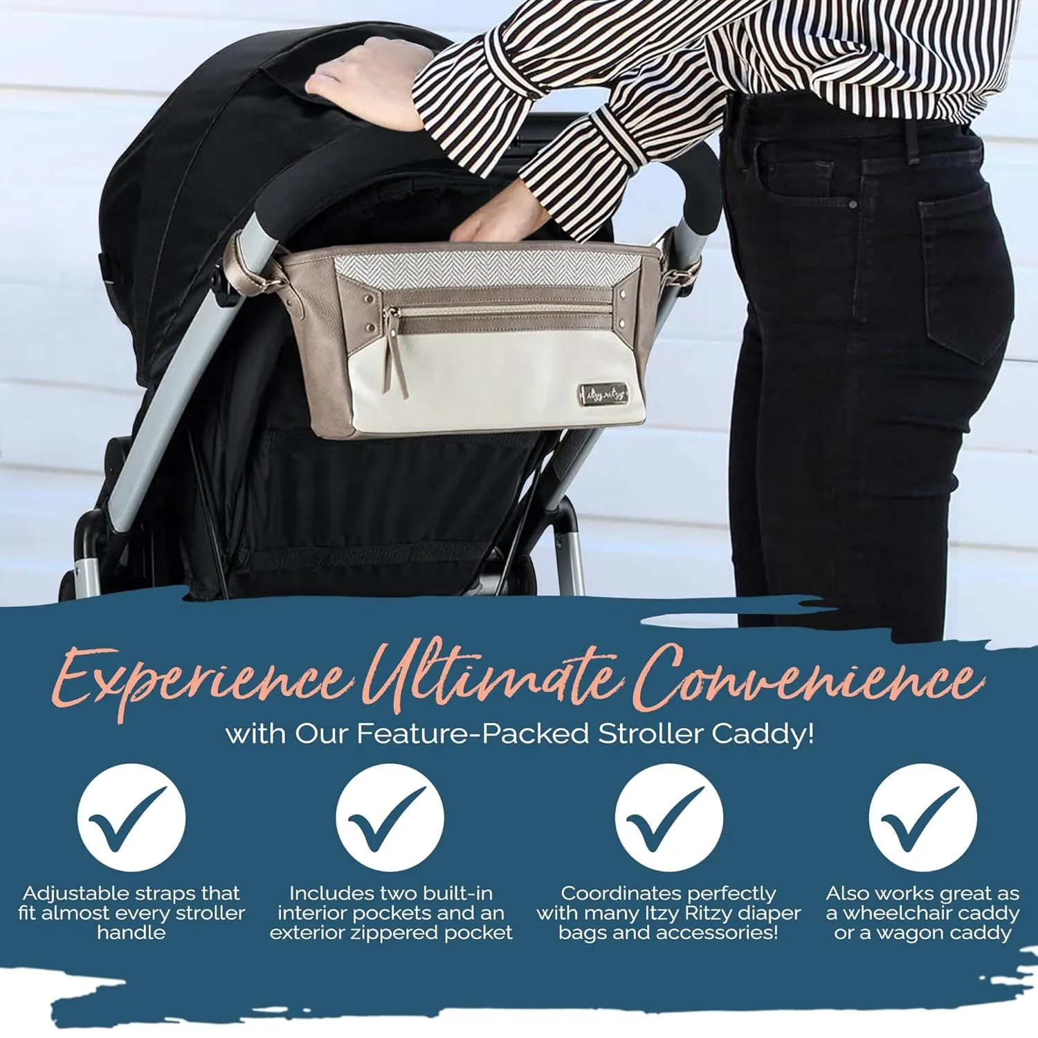 Itzy Ritzy Adjustable Stroller Caddy/Organizer - Stroller Organizer Bag Featuring Front Zippered Pocket, 2 Built-In Interior Pockets & Adjustable Straps to Fit Nearly Any Stroller (Vanilla Latte)