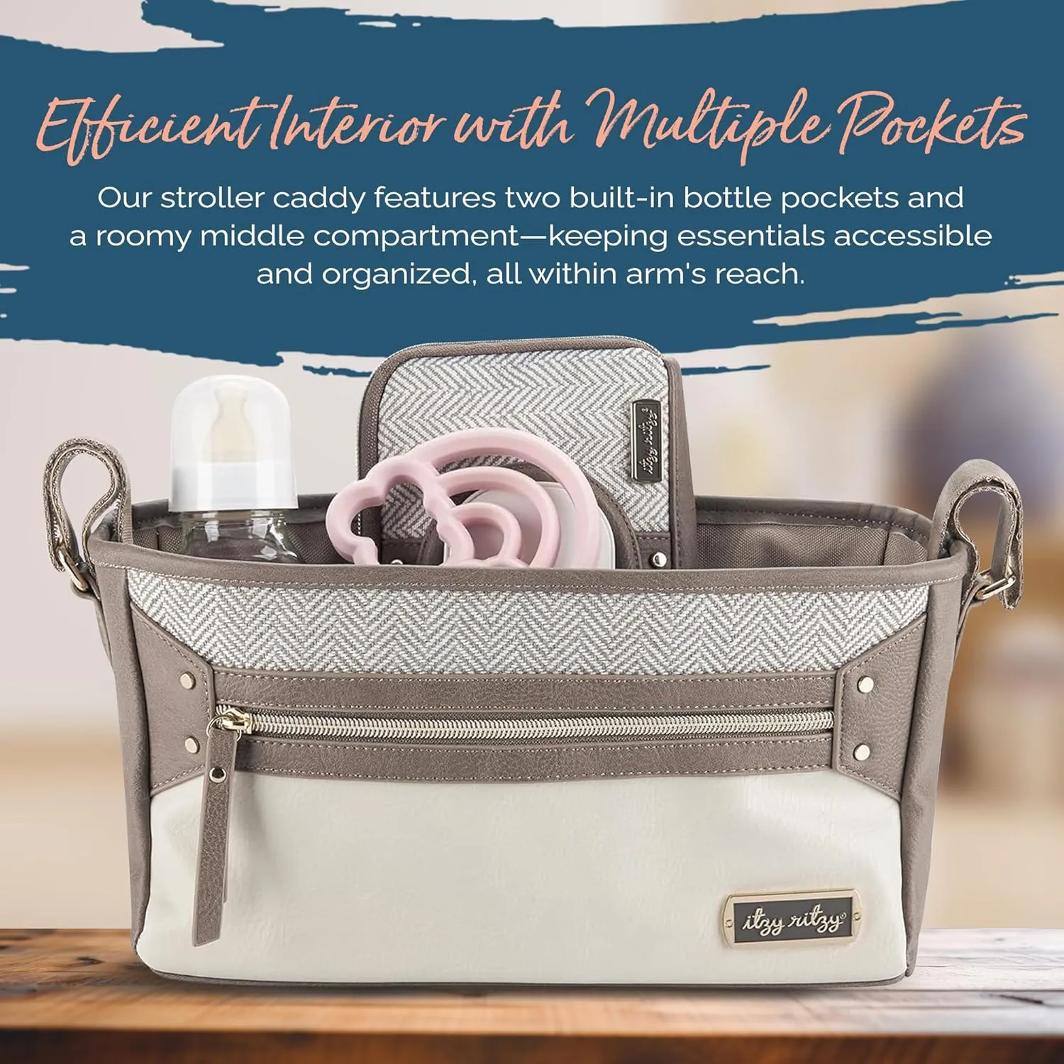 Itzy Ritzy Adjustable Stroller Caddy/Organizer - Stroller Organizer Bag Featuring Front Zippered Pocket, 2 Built-In Interior Pockets & Adjustable Straps to Fit Nearly Any Stroller (Vanilla Latte)