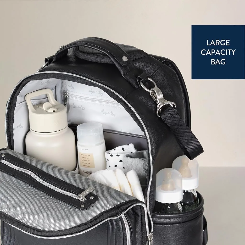 Itzy Ritzy Diaper Bag Backpack – Large Capacity Boss Plus Baby Backpack Diaper Bag Featuring 19 Pockets, Changing Pad, Stroller Clips, and Comfortable Backpack Straps, Black with Silver Hardware