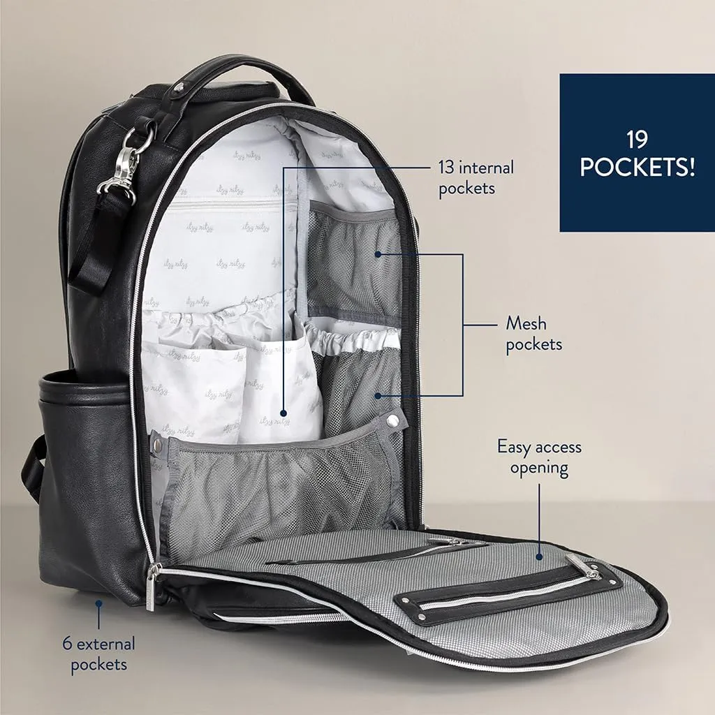 Itzy Ritzy Diaper Bag Backpack – Large Capacity Boss Plus Baby Backpack Diaper Bag Featuring 19 Pockets, Changing Pad, Stroller Clips, and Comfortable Backpack Straps, Black with Silver Hardware