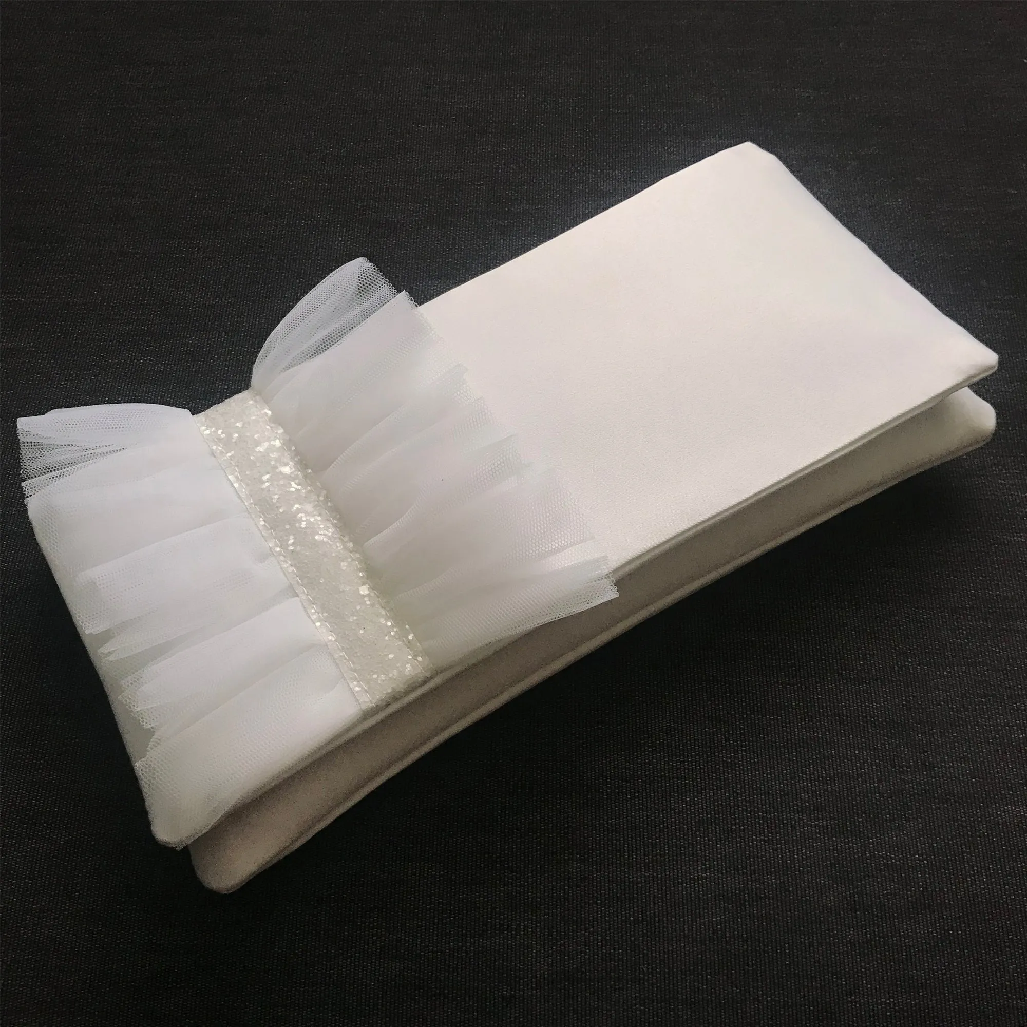 Ivory satin and tulle ruffle bridal wedding day clutch CHARLOTTE