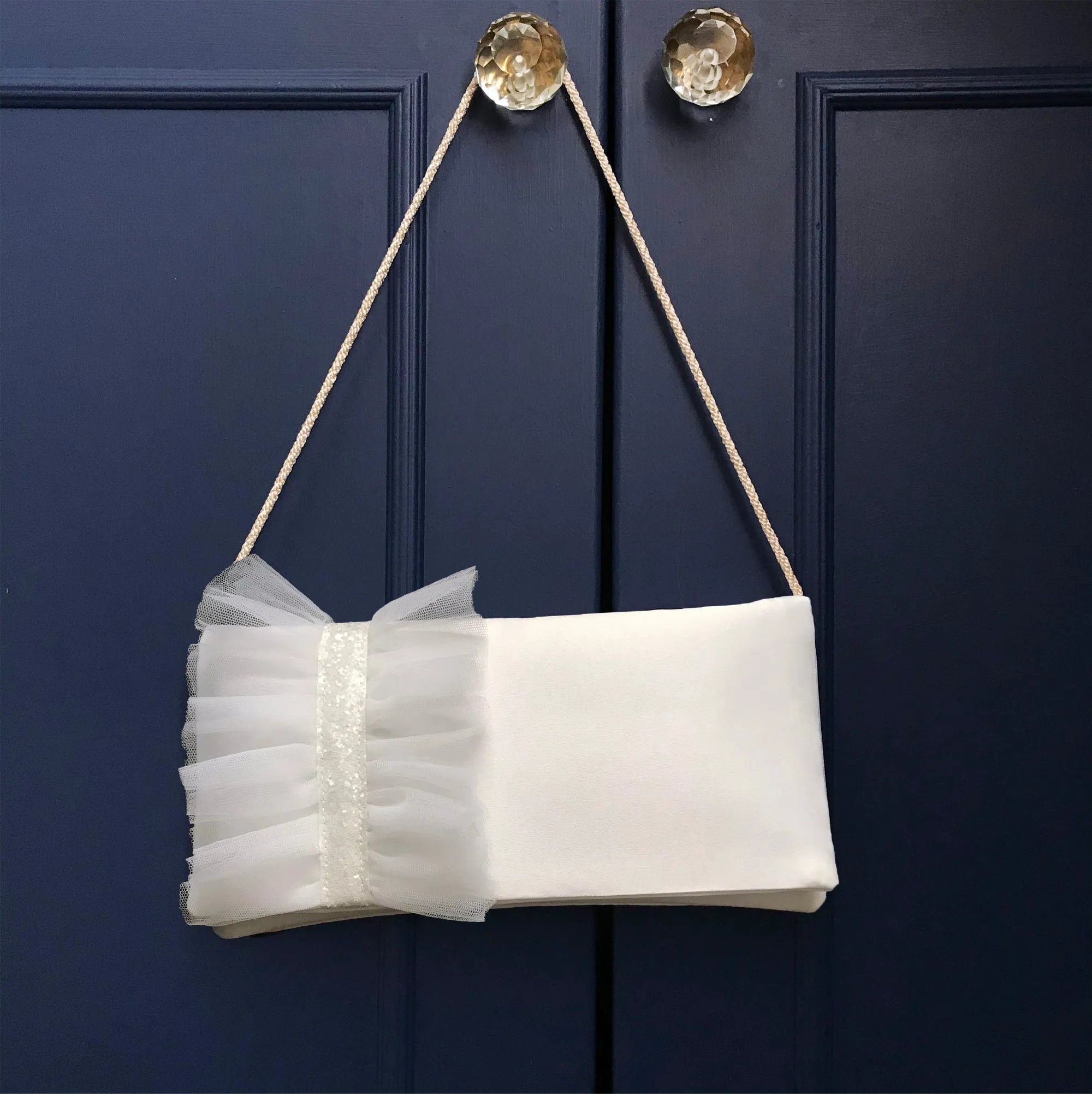 Ivory satin and tulle ruffle bridal wedding day clutch CHARLOTTE