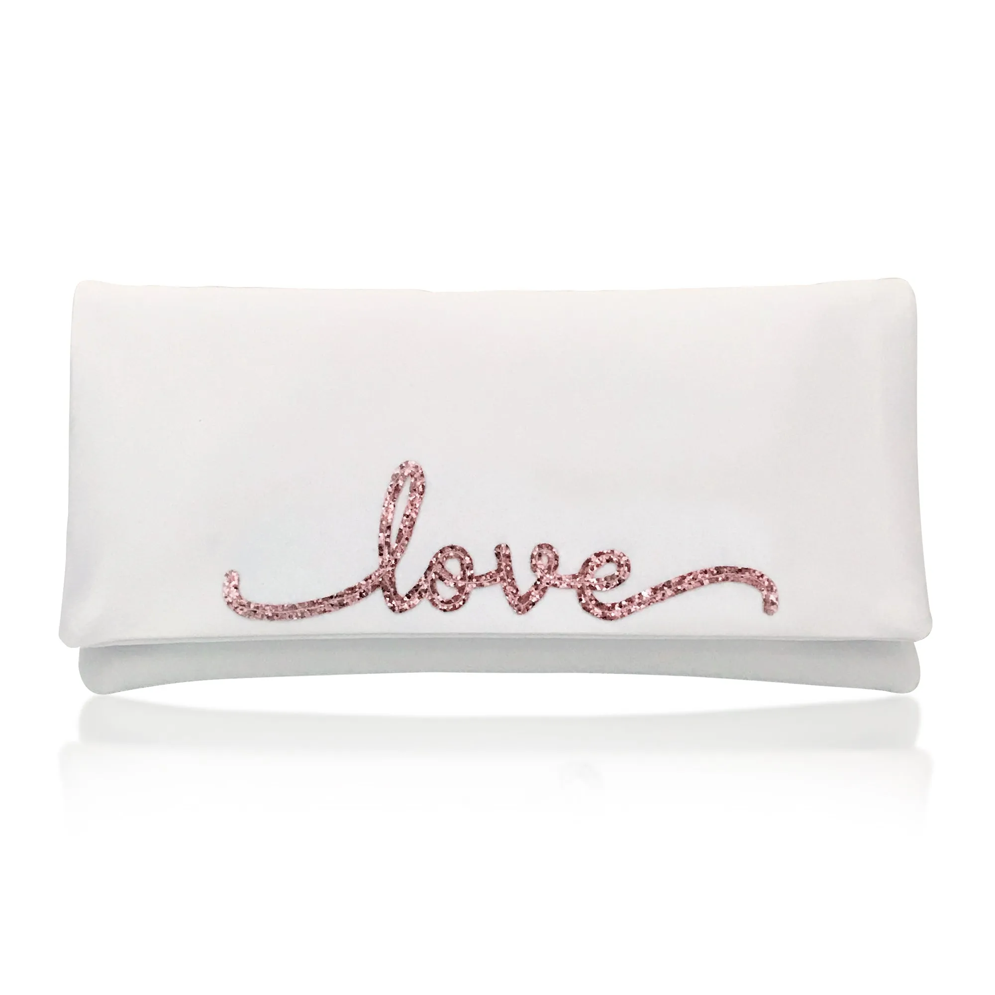 Ivory satin LOVE wedding day bridal clutch handbag flourish font