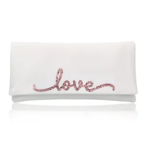 Ivory satin LOVE wedding day bridal clutch handbag flourish font