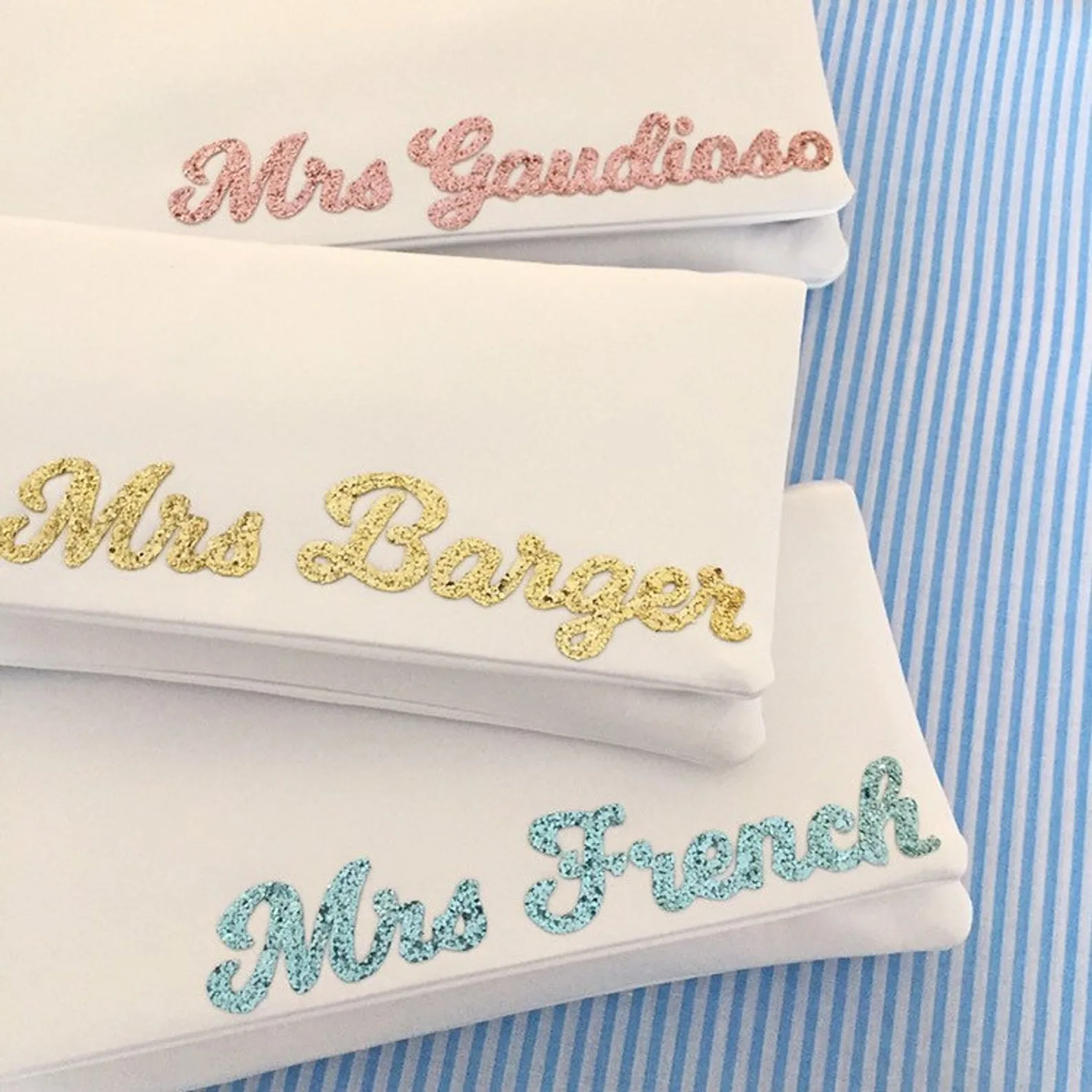 Ivory satin MRS surname wedding day bridal clutch handbag