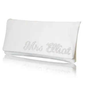 Ivory satin MRS surname wedding day bridal clutch handbag