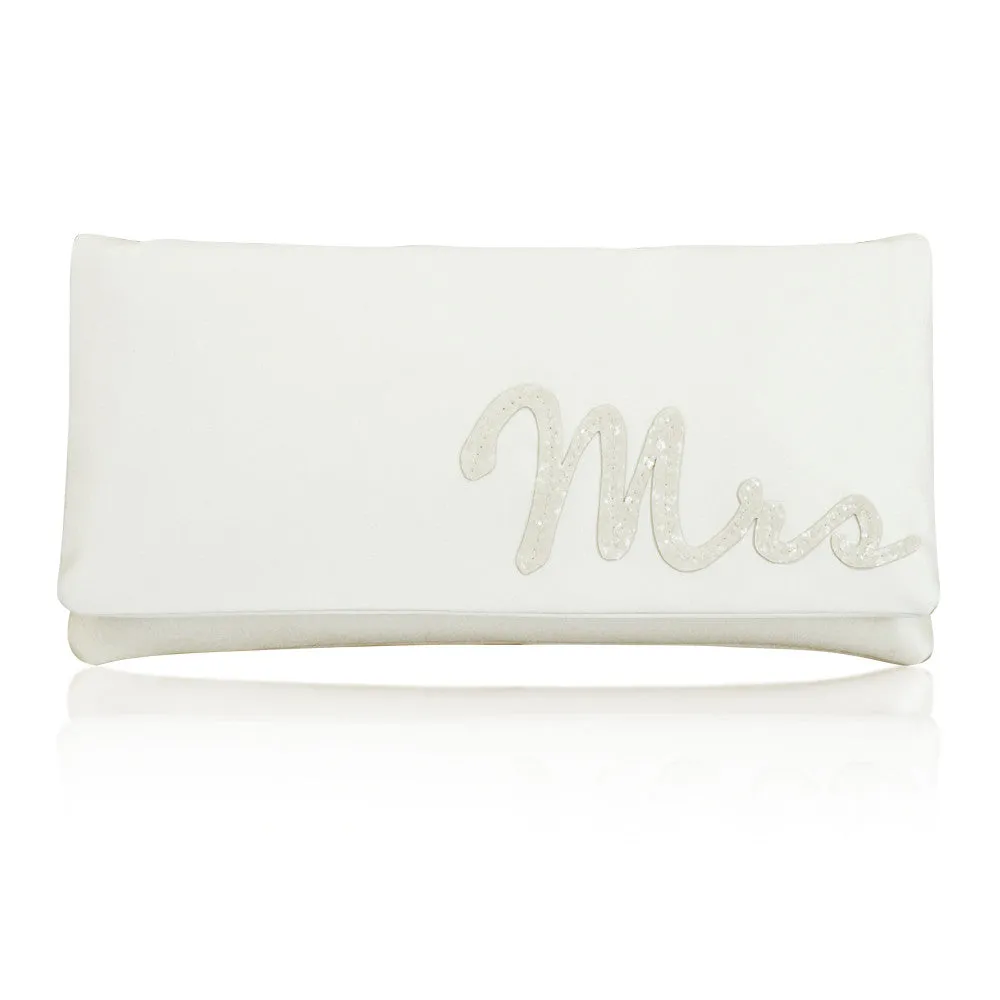 Ivory satin MRS wedding day bridal clutch handbag