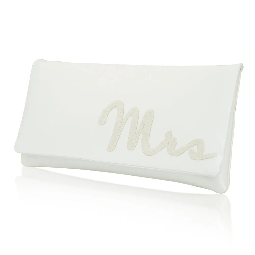 Ivory satin MRS wedding day bridal clutch handbag