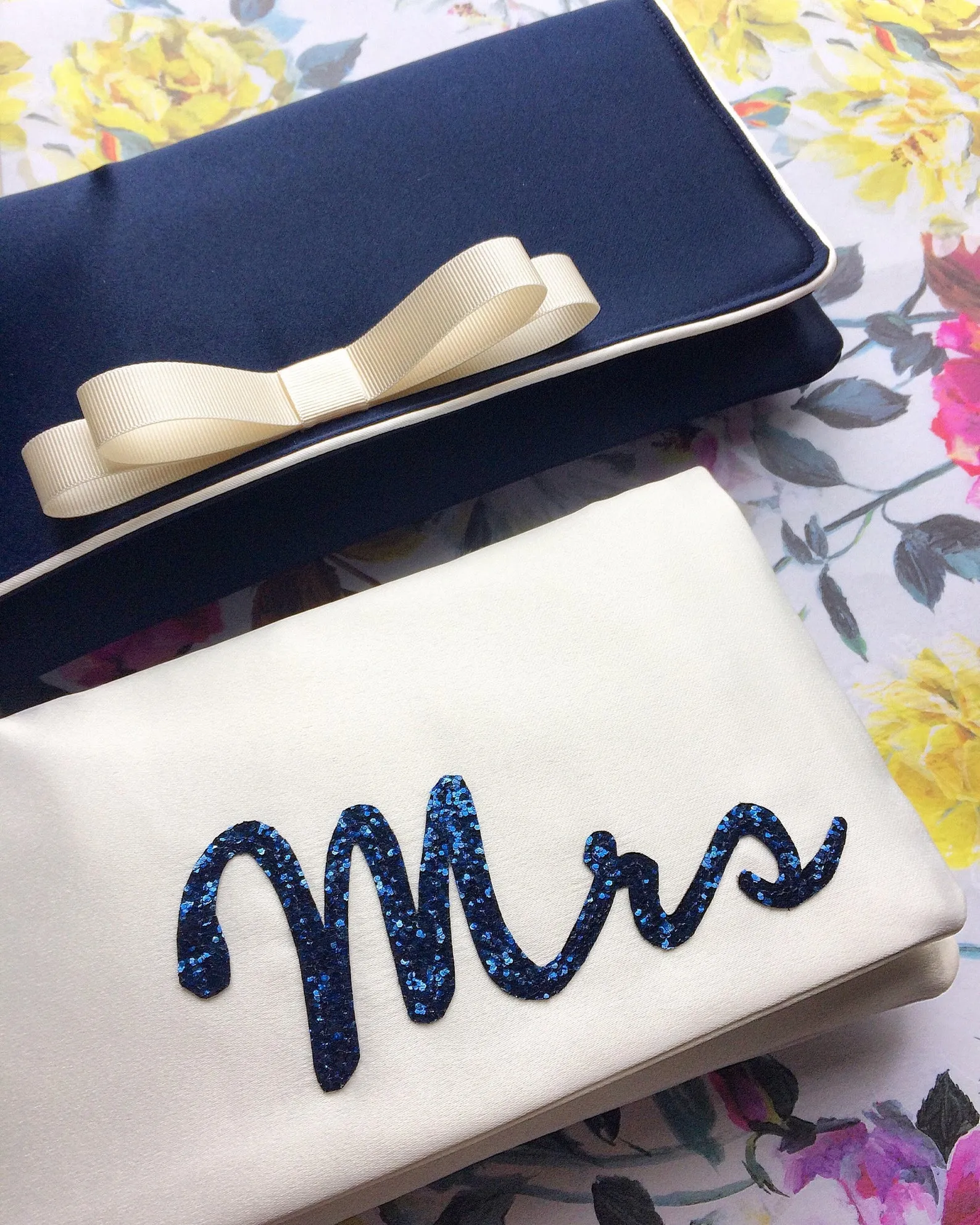 Ivory satin MRS wedding day bridal clutch handbag