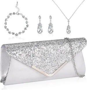 Jadive 4 Pcs Clutch Purses Bag for Women Evening Rhinestone Jewelry Set Bling Necklace Earrings Bracelet for Prom