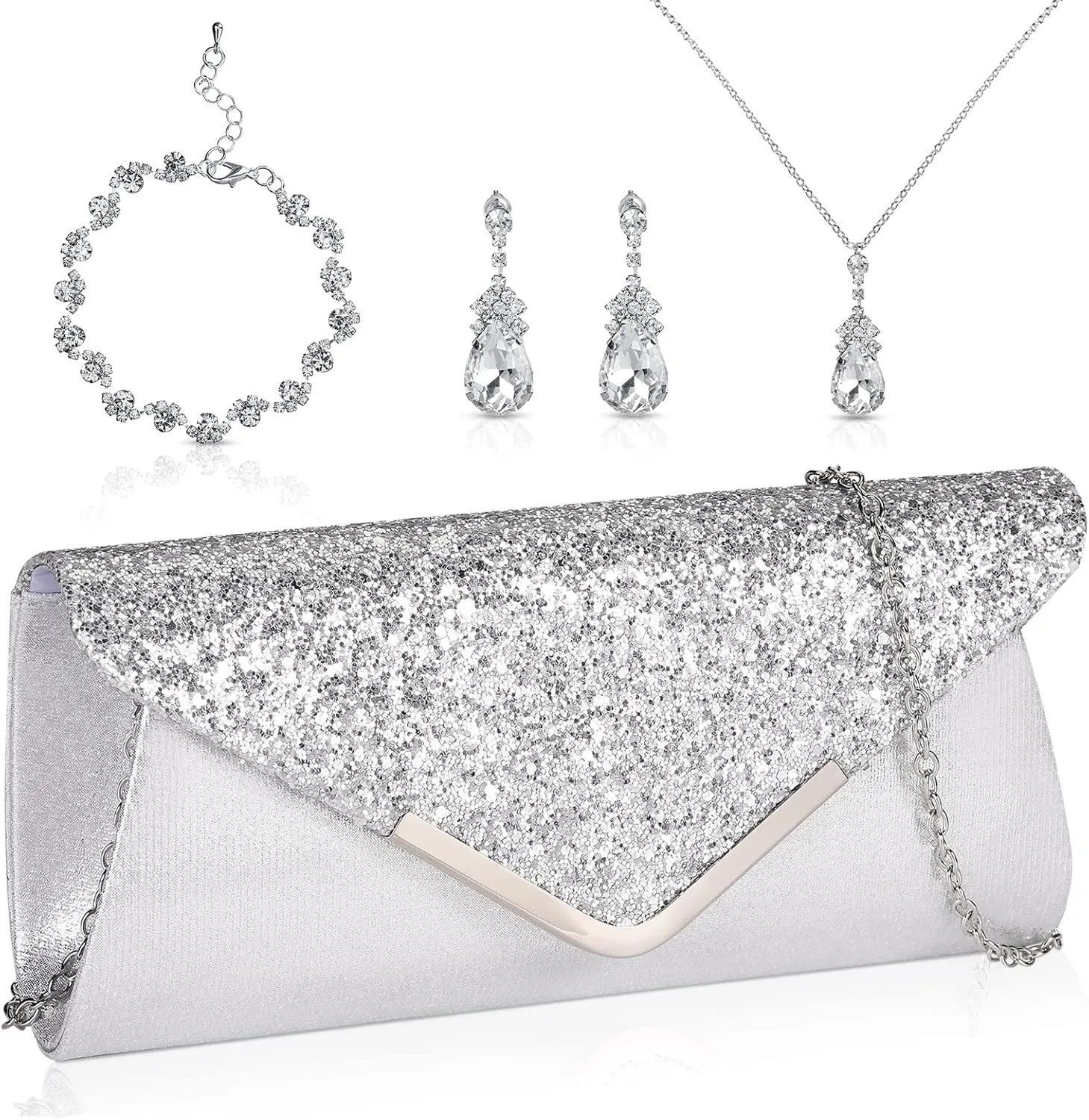 Jadive 4 Pcs Clutch Purses Bag for Women Evening Rhinestone Jewelry Set Bling Necklace Earrings Bracelet for Prom