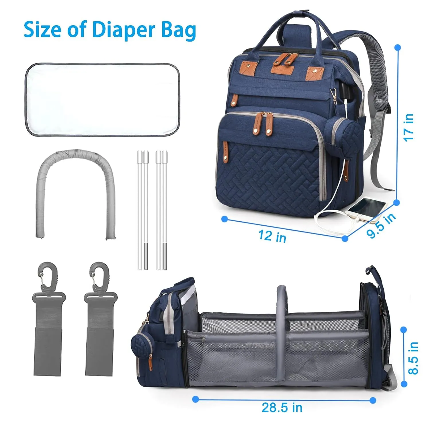 Jeryswet Baby Diaper Bags with Changing Station, Waterproof Large Capacity Diaper Bag Backpack for Moms Dads with USB Charging Port and Stroller Straps, Baby Shower Gifts, Blue