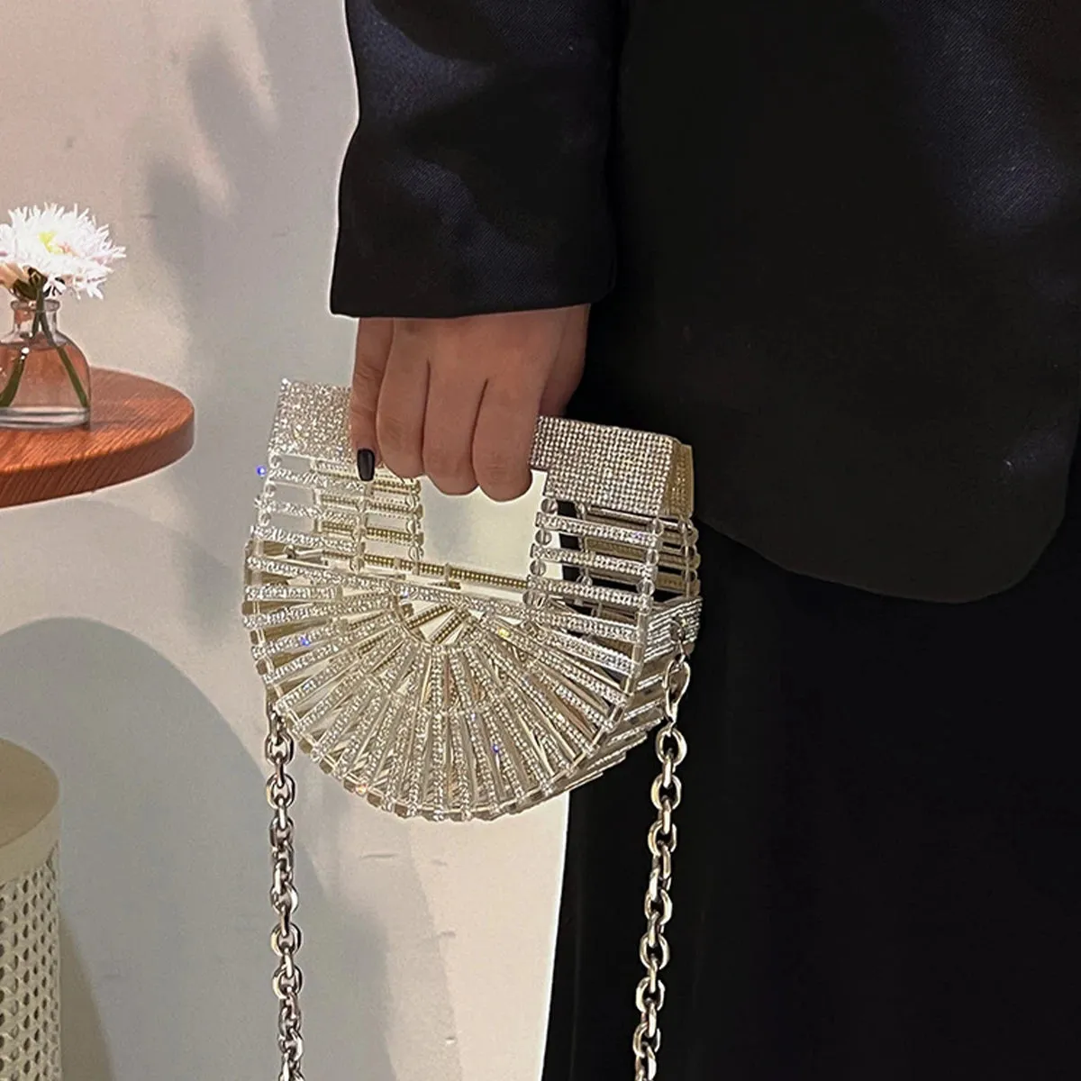 ﻿JIOMAY Half Moon Bag Rhinestone Purse Luxury Designer Handbags Clutch Evening Mini Basket Bling Tote Bag Crystal Wedding Bags