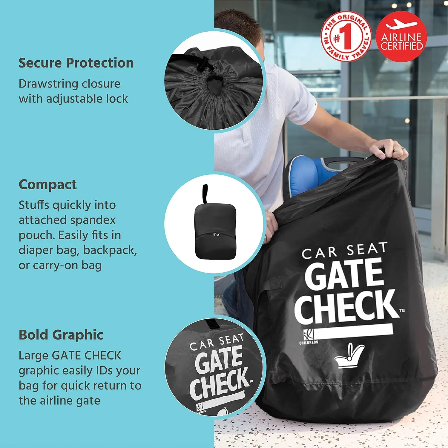 J.L. Childress Gate Check Bag for Car Seats - Air Travel Fits Convertible Seats, Infant Carriers & Booster Black