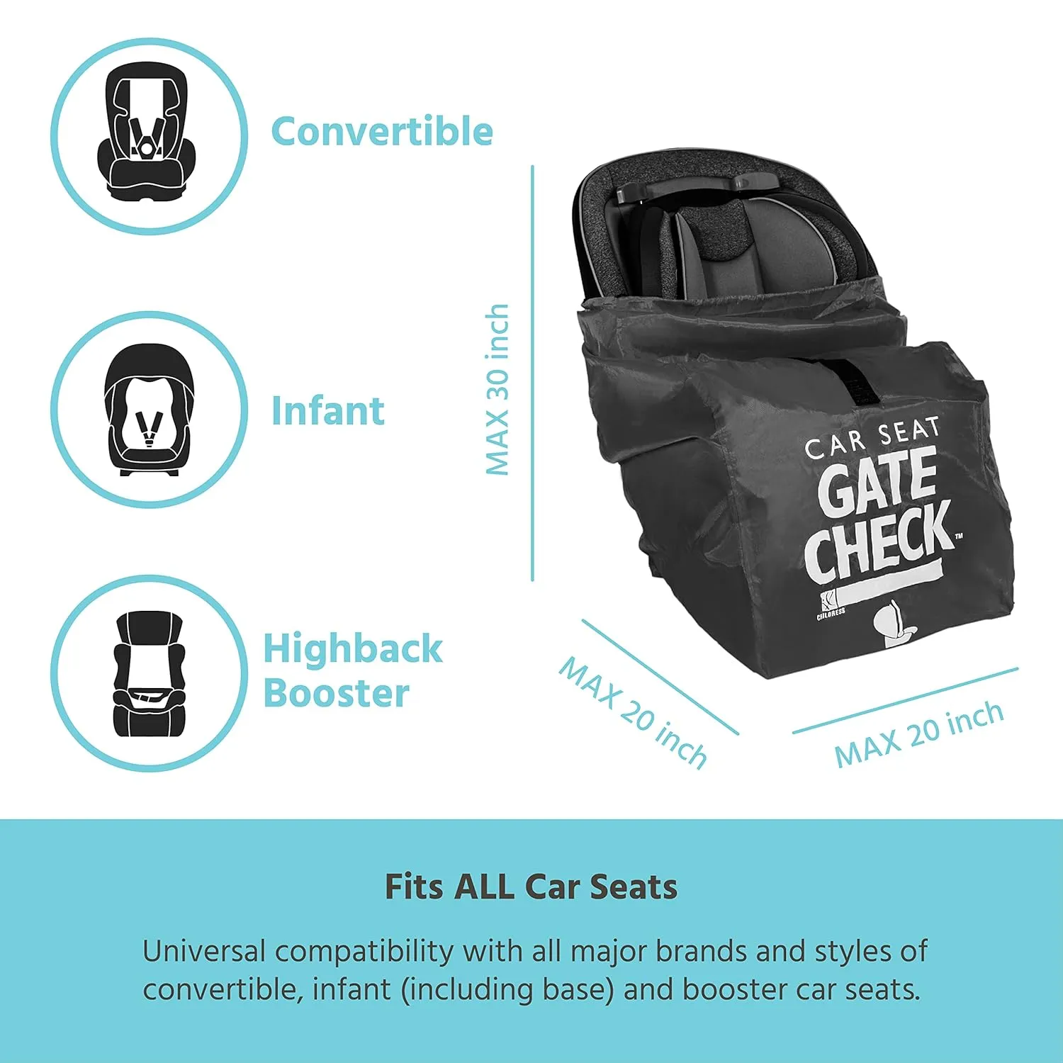 J.L. Childress Gate Check Bag for Car Seats - Air Travel Fits Convertible Seats, Infant Carriers & Booster Black
