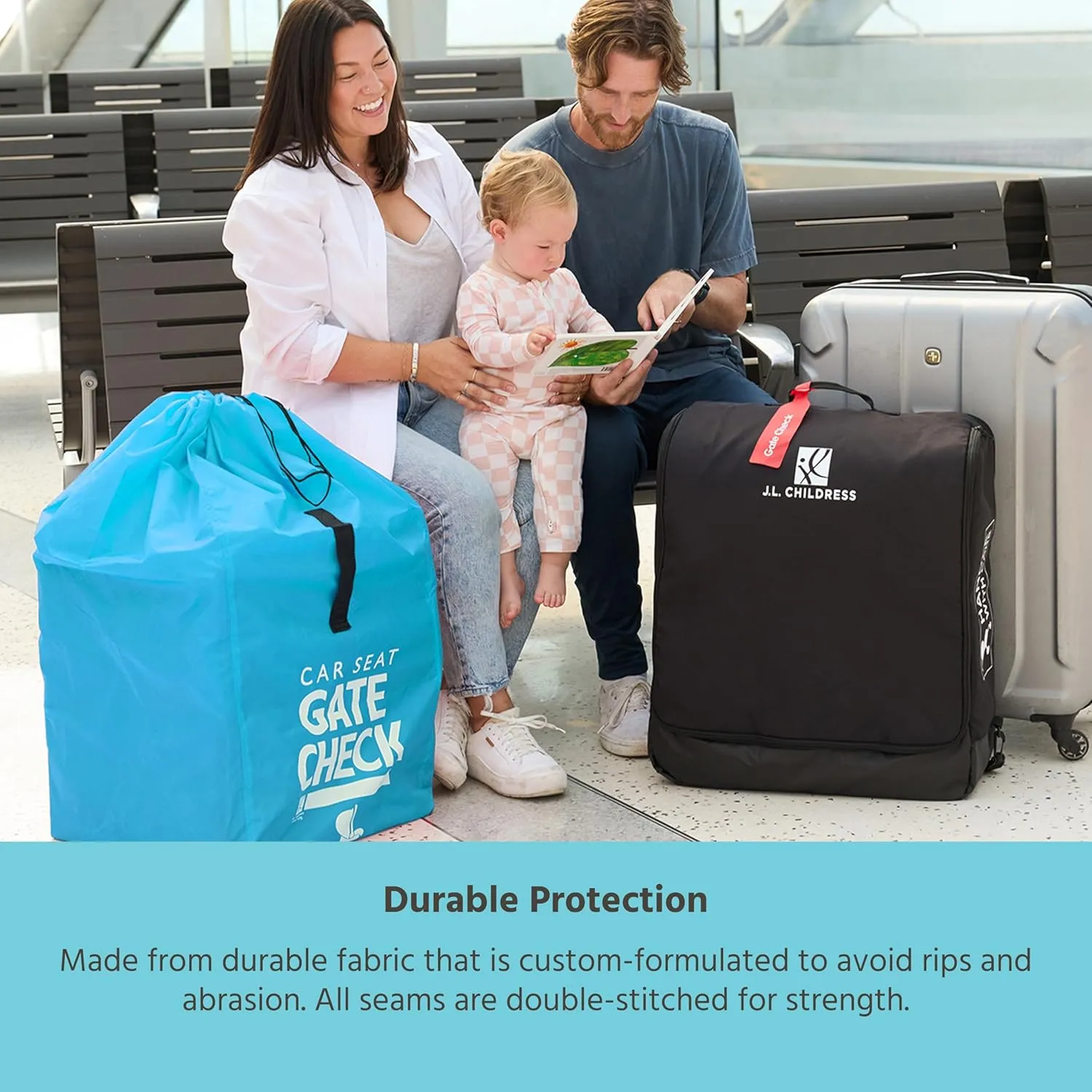 J.L. Childress Gate Check Bag for Car Seats - Travel Bag for Airplane - Includes AIRTAG Holder - Fits All Baby Car Seats, Infant Carriers & Child Booster Seats, Neon Blue