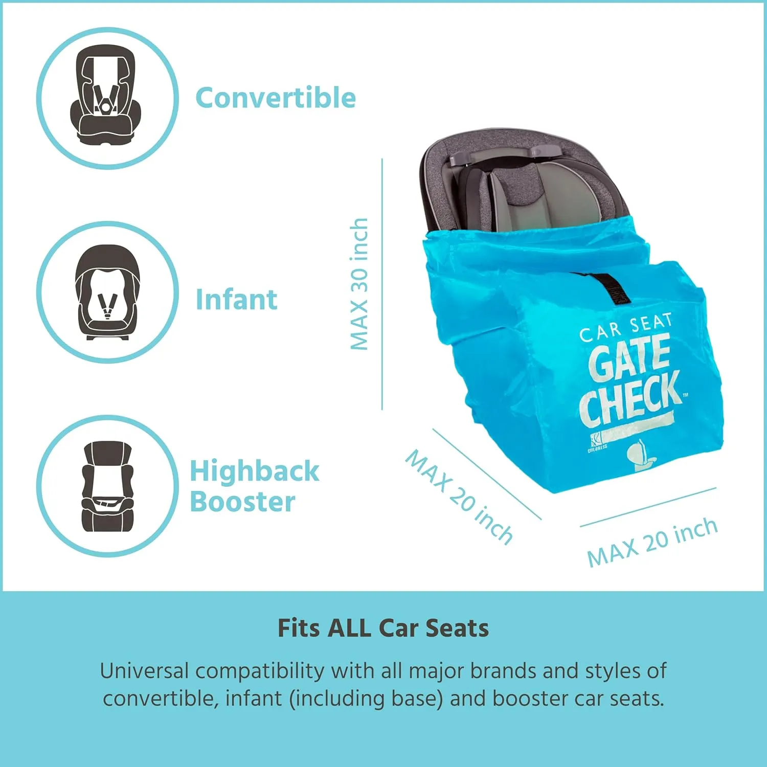 J.L. Childress Gate Check Bag for Car Seats - Travel Bag for Airplane - Includes AIRTAG Holder - Fits All Baby Car Seats, Infant Carriers & Child Booster Seats, Neon Blue