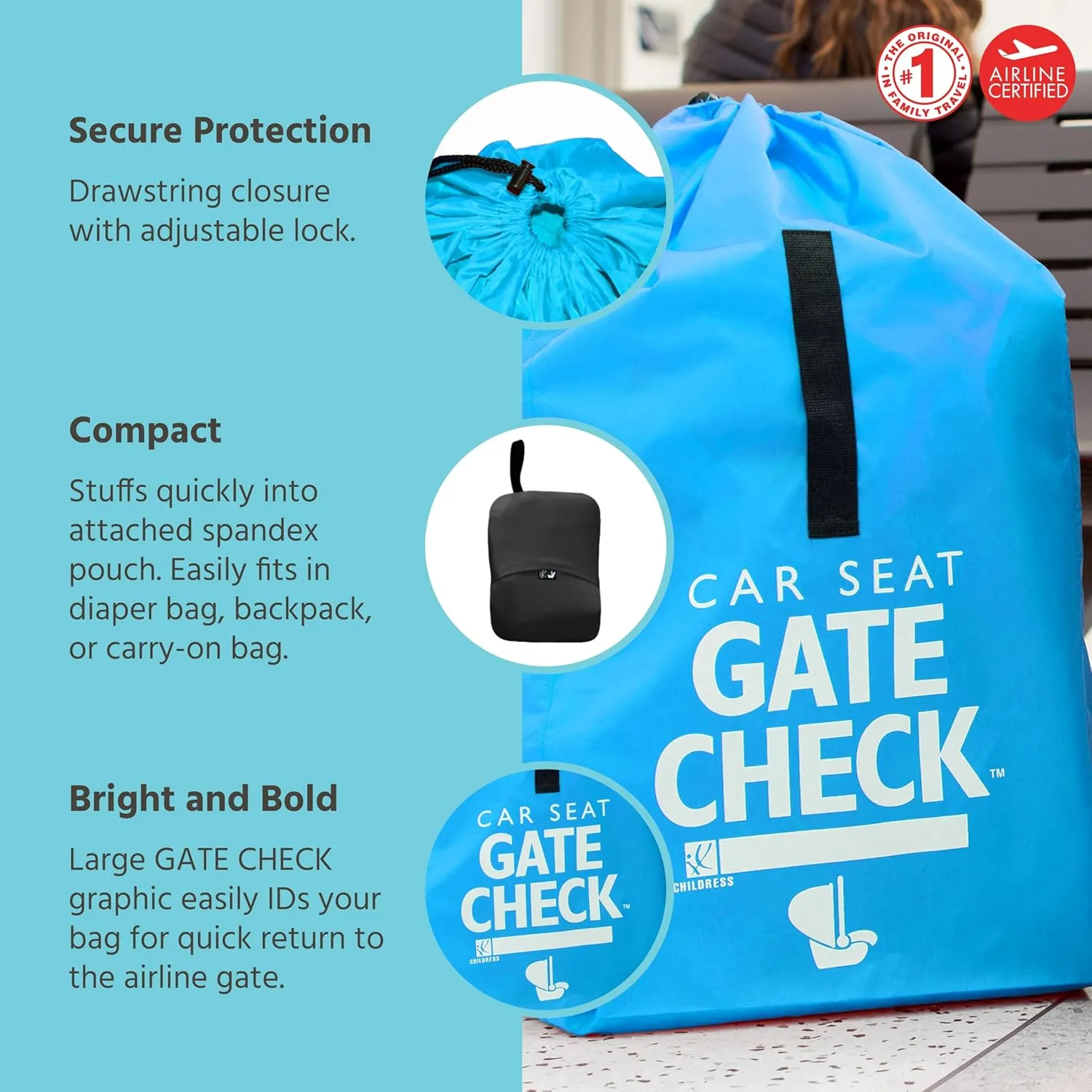 J.L. Childress Gate Check Bag for Car Seats - Travel Bag for Airplane - Includes AIRTAG Holder - Fits All Baby Car Seats, Infant Carriers & Child Booster Seats, Neon Blue