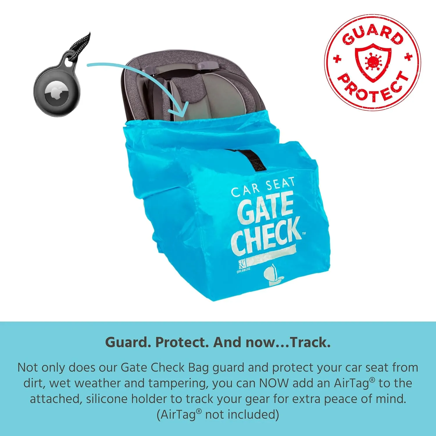J.L. Childress Gate Check Bag for Car Seats - Travel Bag for Airplane - Includes AIRTAG Holder - Fits All Baby Car Seats, Infant Carriers & Child Booster Seats, Neon Blue