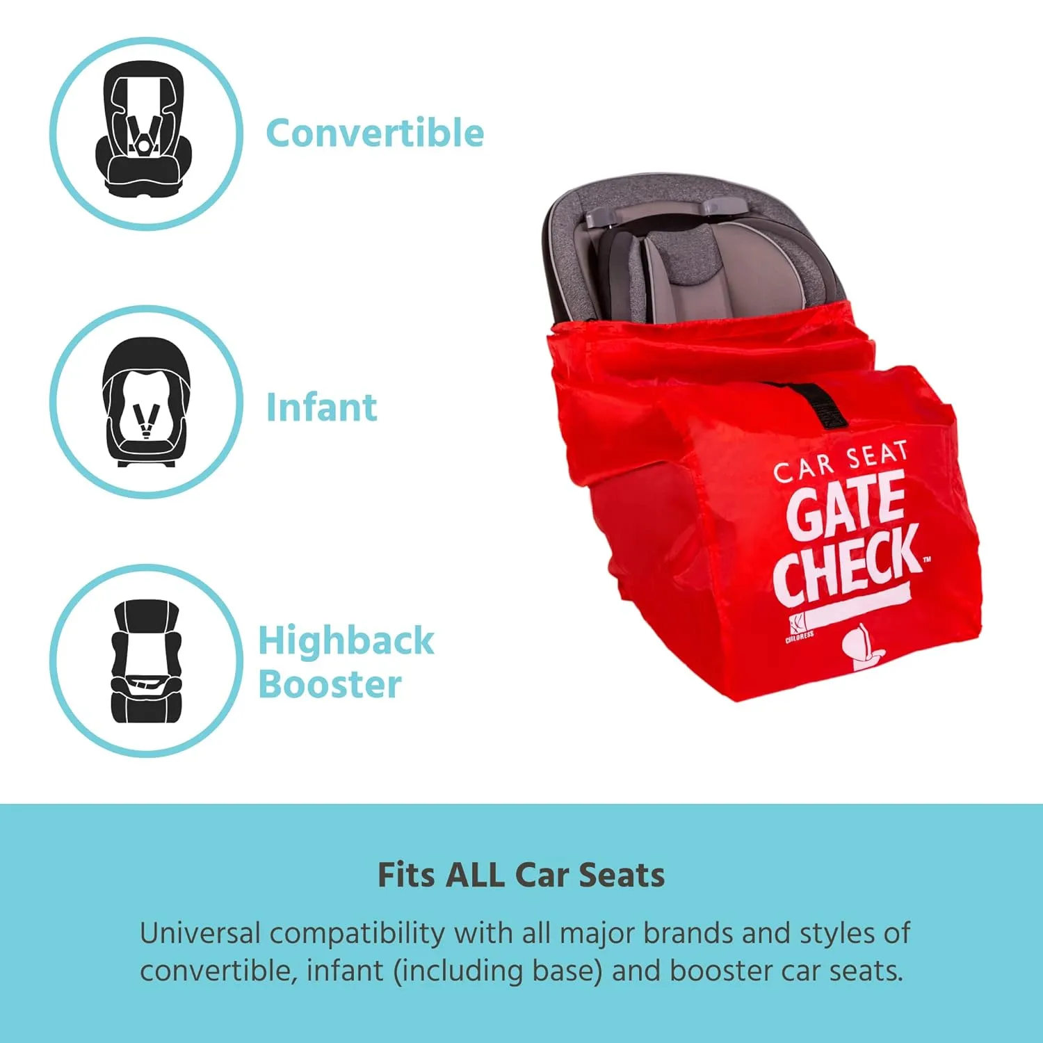 J.L. Childress Gate Check Bag for Car Seats - Travel Bag for Airplane - Includes AIRTAG Holder - Fits All Baby Car Seats, Infant Carriers & Child Booster Seats, Red