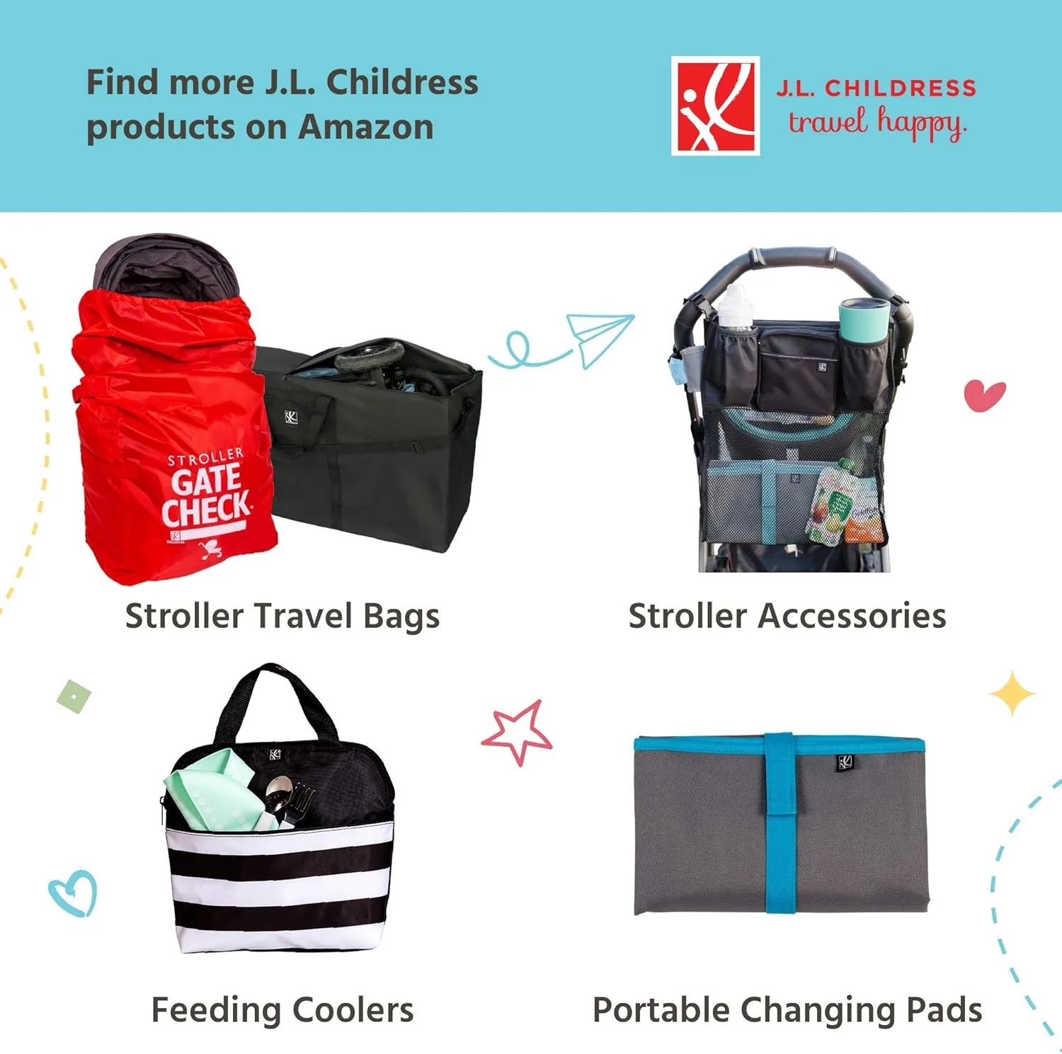 J.L. Childress Gate Check Bag for Single & Double Strollers - Stroller Bag for Airplane - Large Stroller Travel Bag for Airplane - Air Travel Stroller Bag