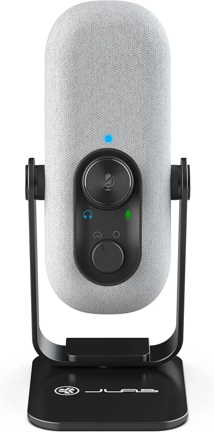 JLab Go Talk USB Gaming Streaming Microphone, White, USB-C Output, Cardioid, Omnidirectional, 96k Sample Rate, 20Hz, 20kHz Frequency Response, Volume Control and Quick Mute, 3.5mm AUX, Plug and Play