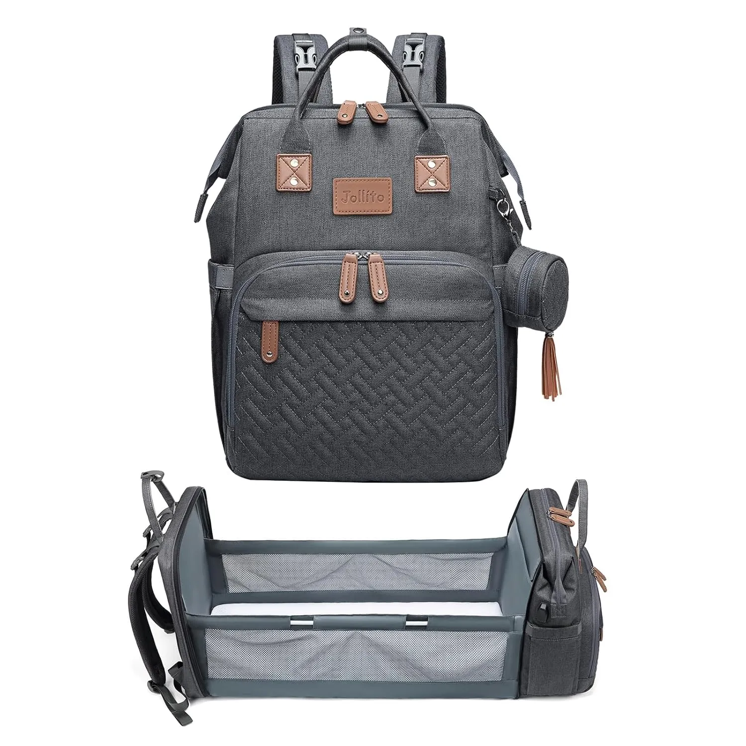 JOLLITO Diaper Bag Backpack with Changing Station Large Capacity Multifunction Baby Bags for Boy Girl Travel For Moms Dads Baby Registry Search Essentials Shower Gifτs Gray