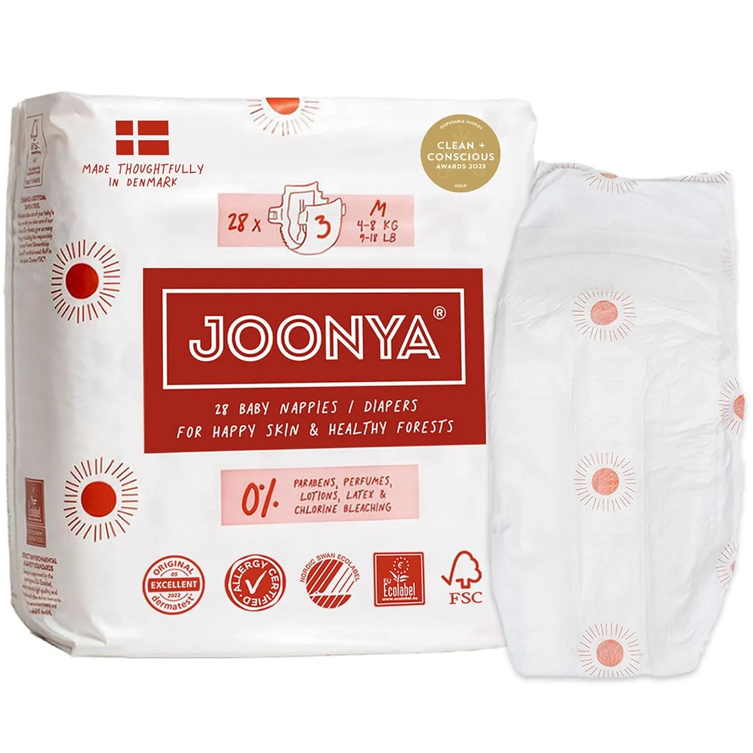 Joonya Baby Diapers, Size 3 M (9-18 lb) - 1 Bag of 28 - New Range - NonToxic, Eco-Friendly, Ultra Slim, Overnight Use - Made in Denmark