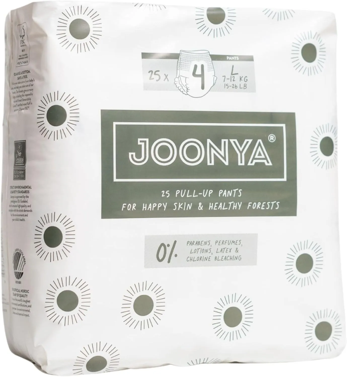 Joonya Pull-Up Pants Baby Diapers, Size 4 L (15-26 lb) - 1 Bag of 25 - NonToxic, Eco-Friendly, Ultra Slim, Overnight Use - Made in Denmark