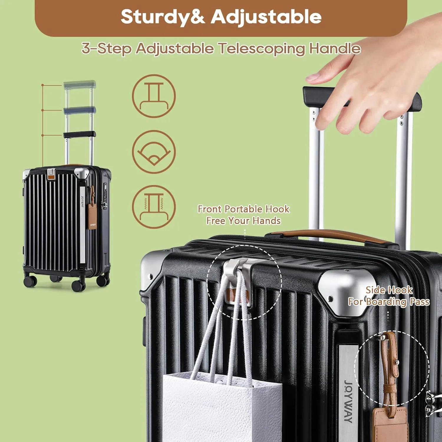 Joyway Carry On Luggage, Expandable Suitcase with Smart Cup Holder and USB Port, 20 IN Hardside Checked with TSA Lock Spinner Double Wheels, Black