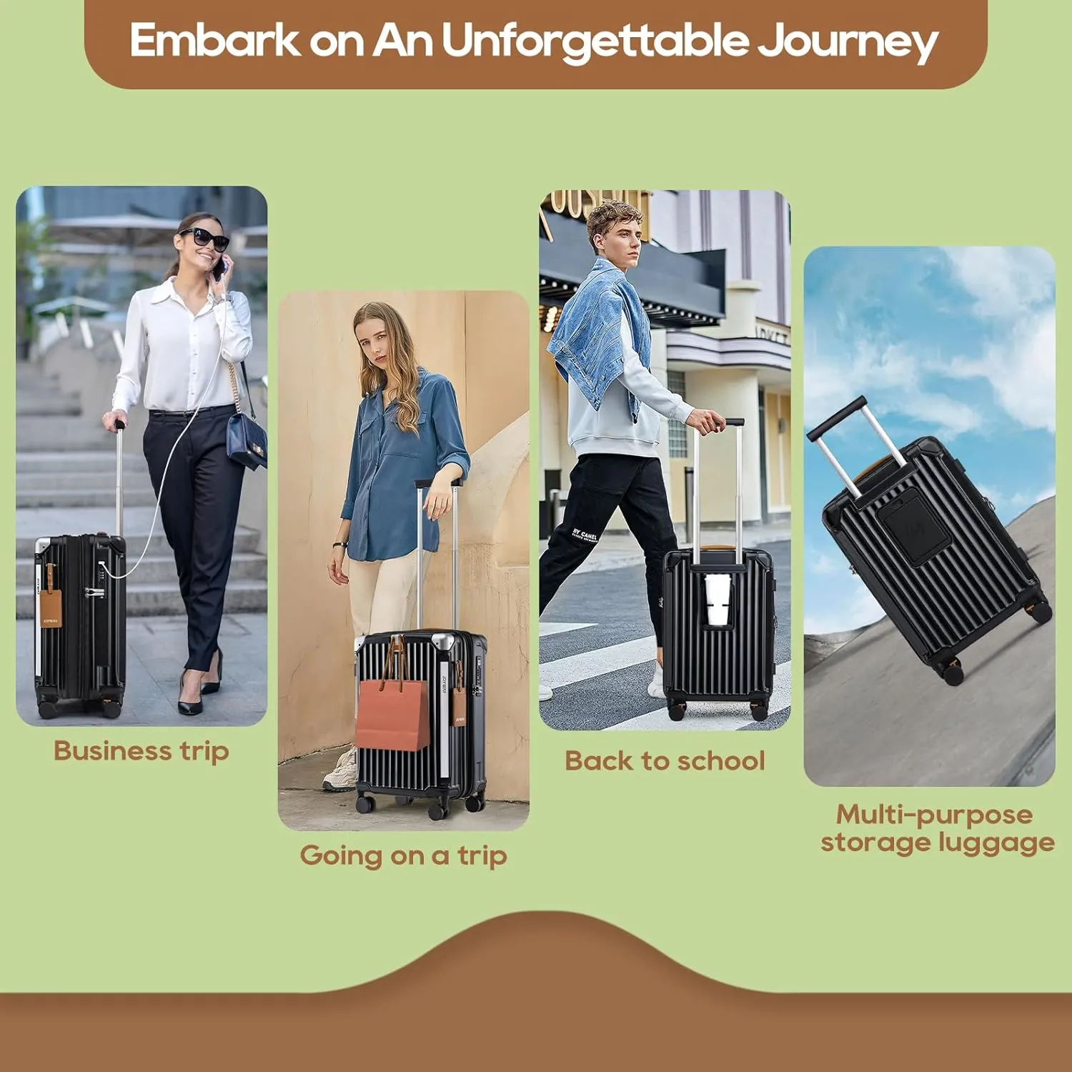 Joyway Carry On Luggage, Expandable Suitcase with Smart Cup Holder and USB Port, 20 IN Hardside Checked with TSA Lock Spinner Double Wheels, Black