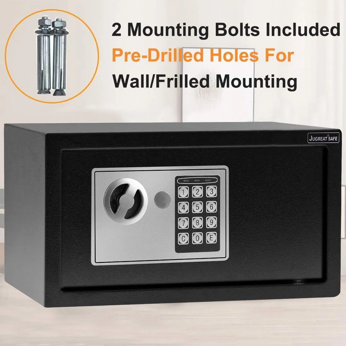 JUGREAT Safe Box,Electronic Digital Security Safe with Induction Light, Steel Construction Hidden with Lock，Wall or Cabinet Anchoring Design for Home Office Hotel Business 0.4 Cubic Feet Black