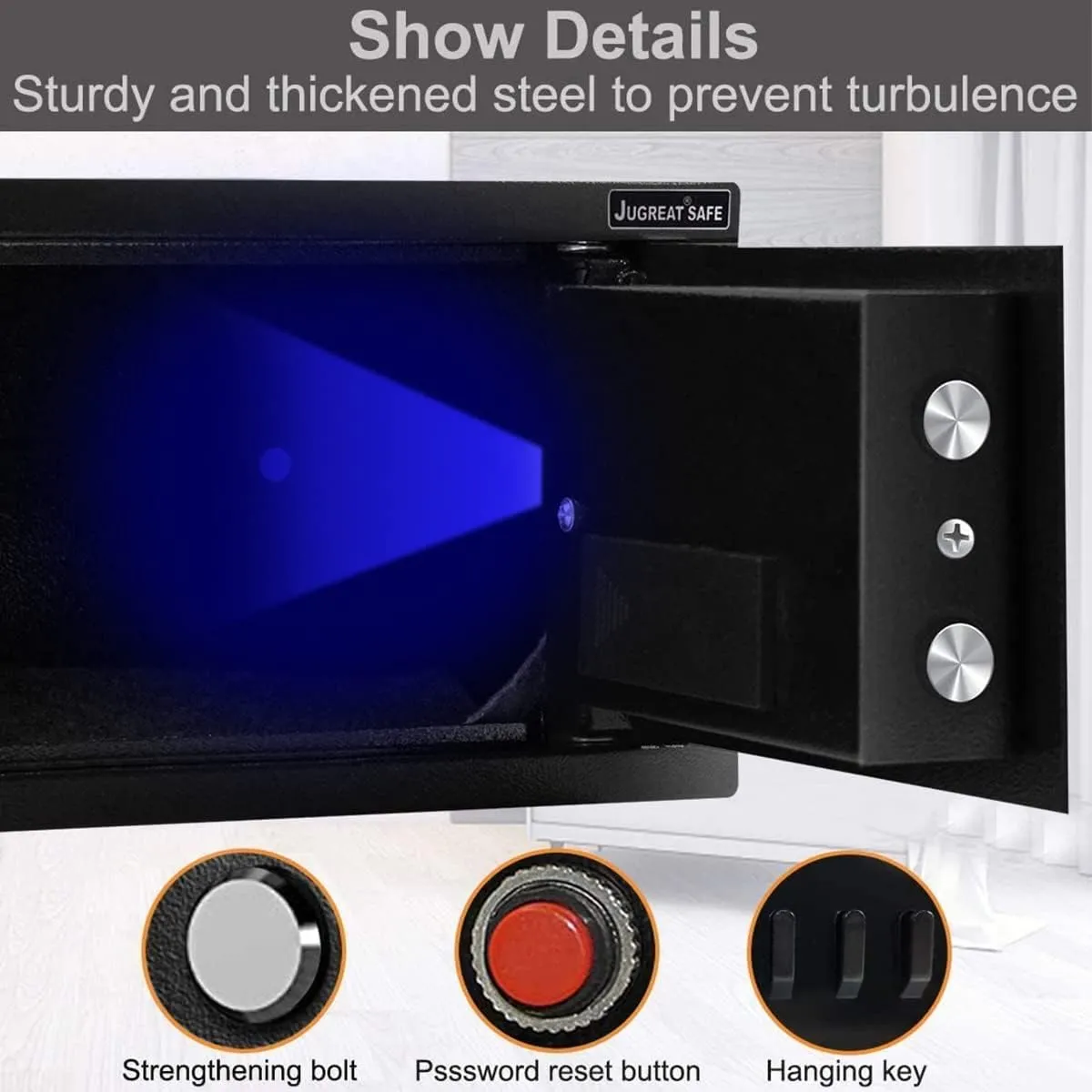 JUGREAT Safe Box,Electronic Digital Security Safe with Induction Light, Steel Construction Hidden with Lock，Wall or Cabinet Anchoring Design for Home Office Hotel Business 0.4 Cubic Feet Black