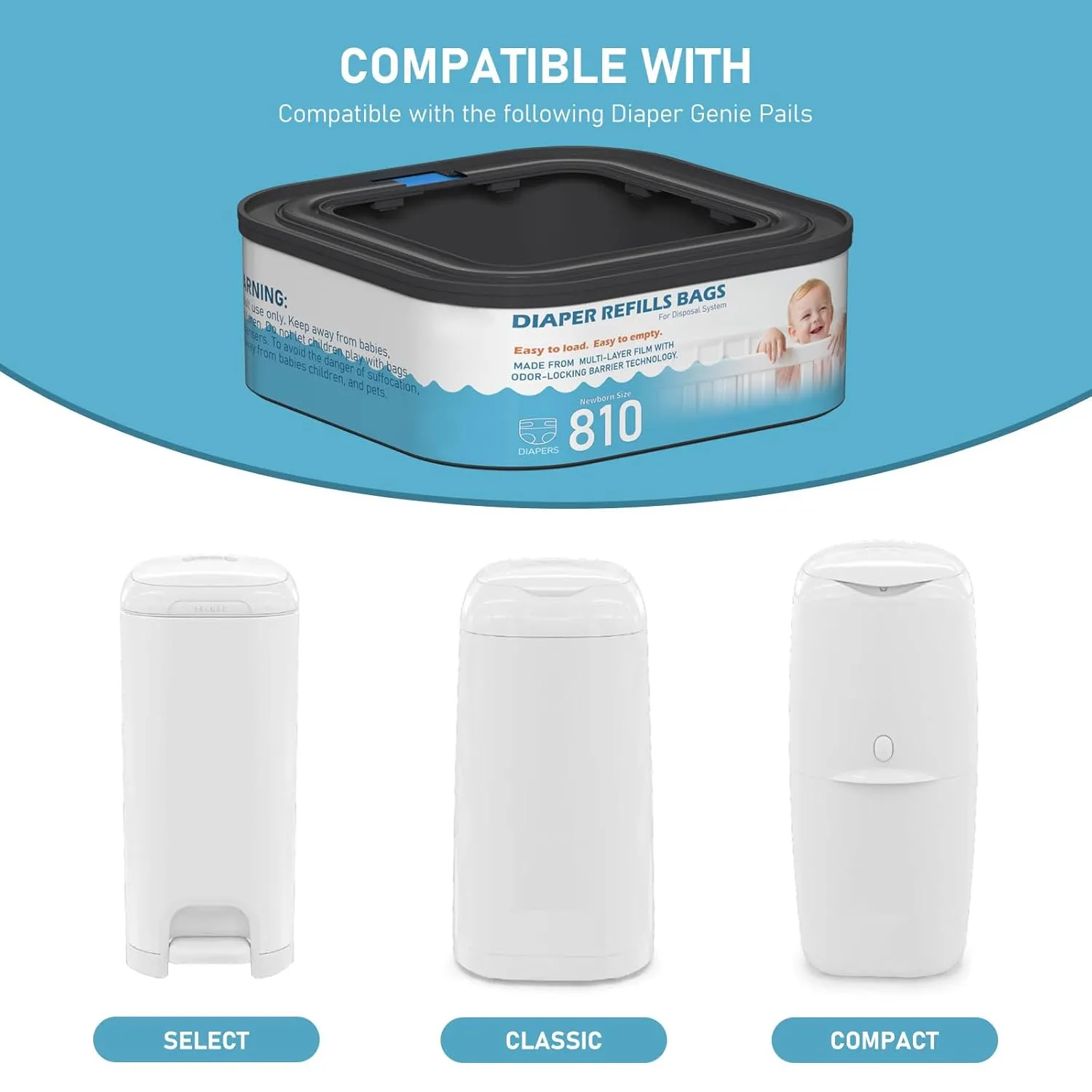 Jumbo Square Refills Disposal Bags Refill Compatible with Diaper Genie Compact, Select and Classic Pails, Hold Up to 810 Newborn-Sized Diapers Per Refill, Pack of 6