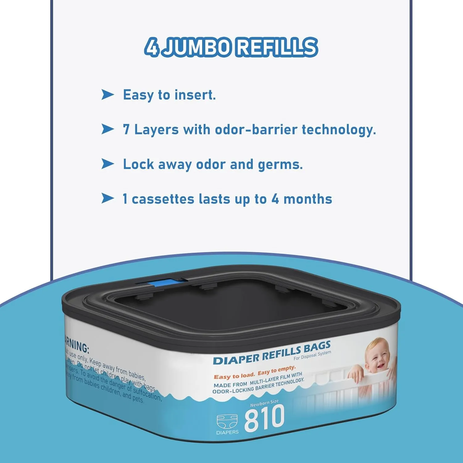 Jumbo Square Refills Disposal Bags Refill Compatible with Diaper Genie Compact, Select and Classic Pails, Hold Up to 810 Newborn-Sized Diapers Per Refill, Pack of 6