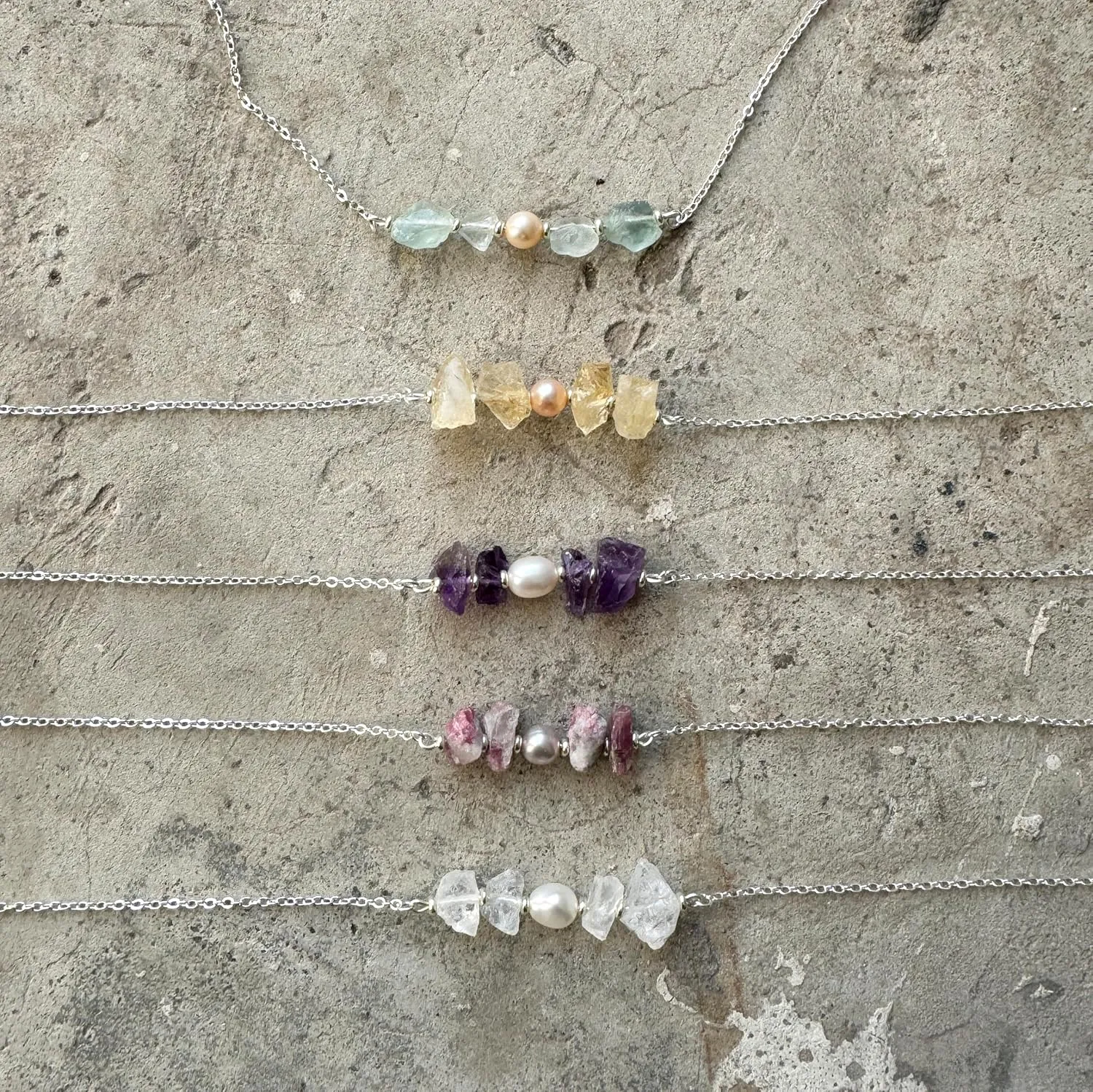Kaiga | Classic Natural Healing Crystal Rough Stone Pearl Silver Plated Chain Necklace, Elegant Classic Women Jewelry (Tourmaline)