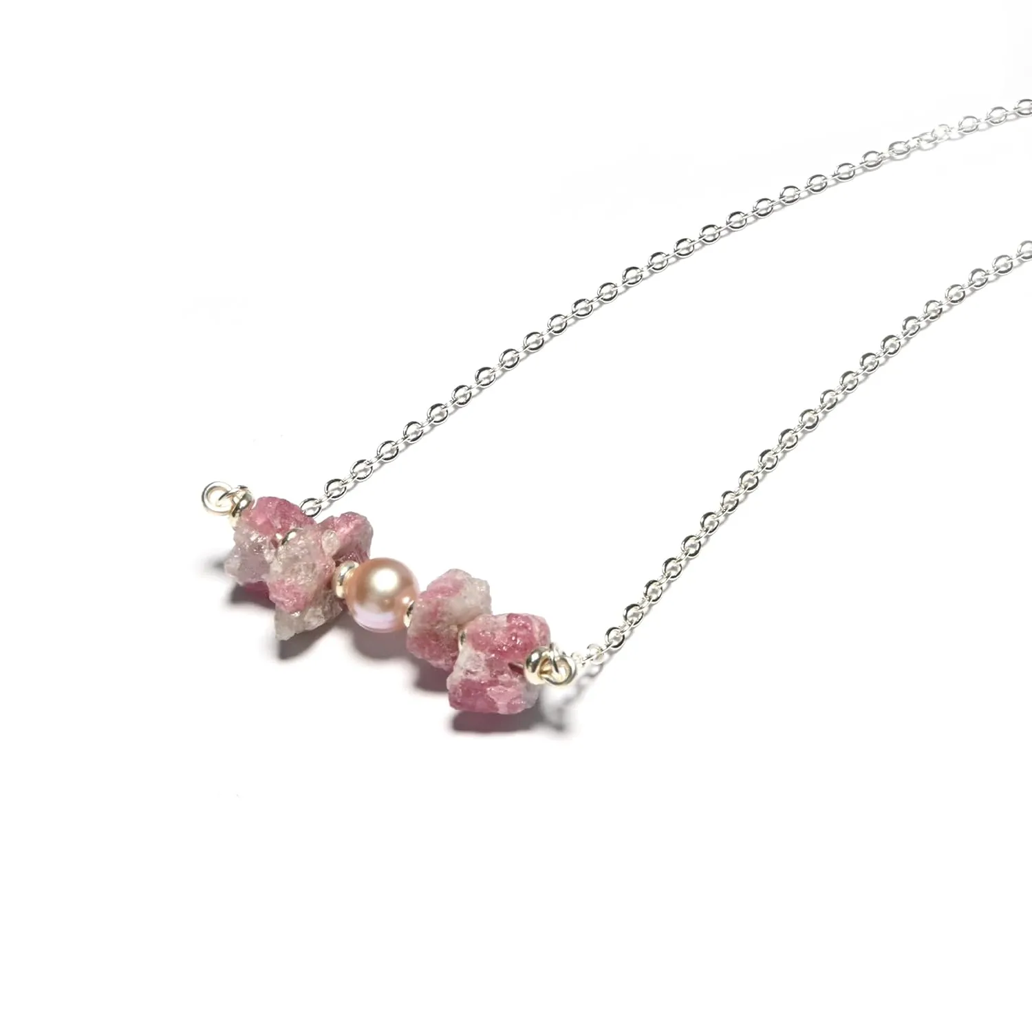 Kaiga | Classic Natural Healing Crystal Rough Stone Pearl Silver Plated Chain Necklace, Elegant Classic Women Jewelry (Tourmaline)