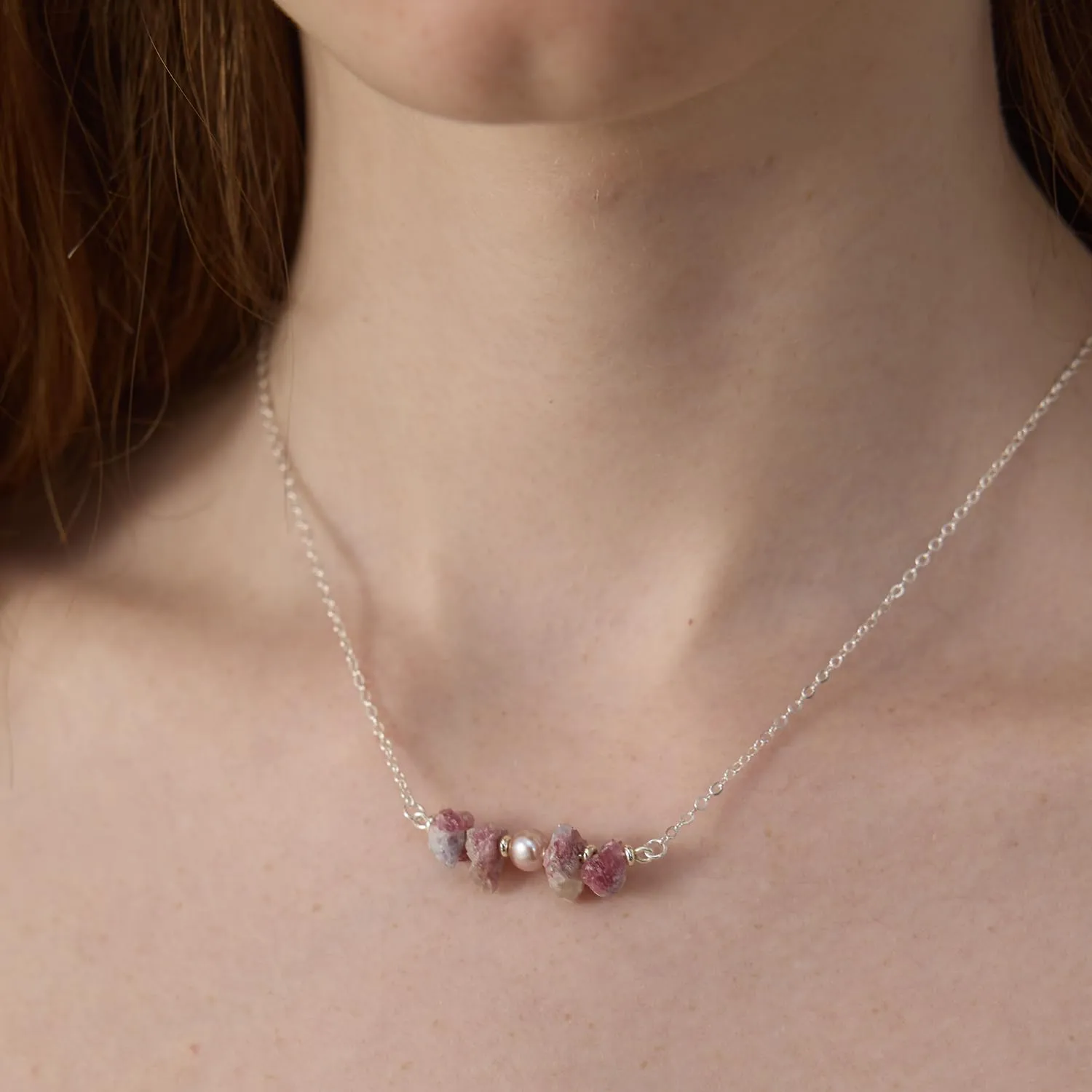 Kaiga | Classic Natural Healing Crystal Rough Stone Pearl Silver Plated Chain Necklace, Elegant Classic Women Jewelry (Tourmaline)