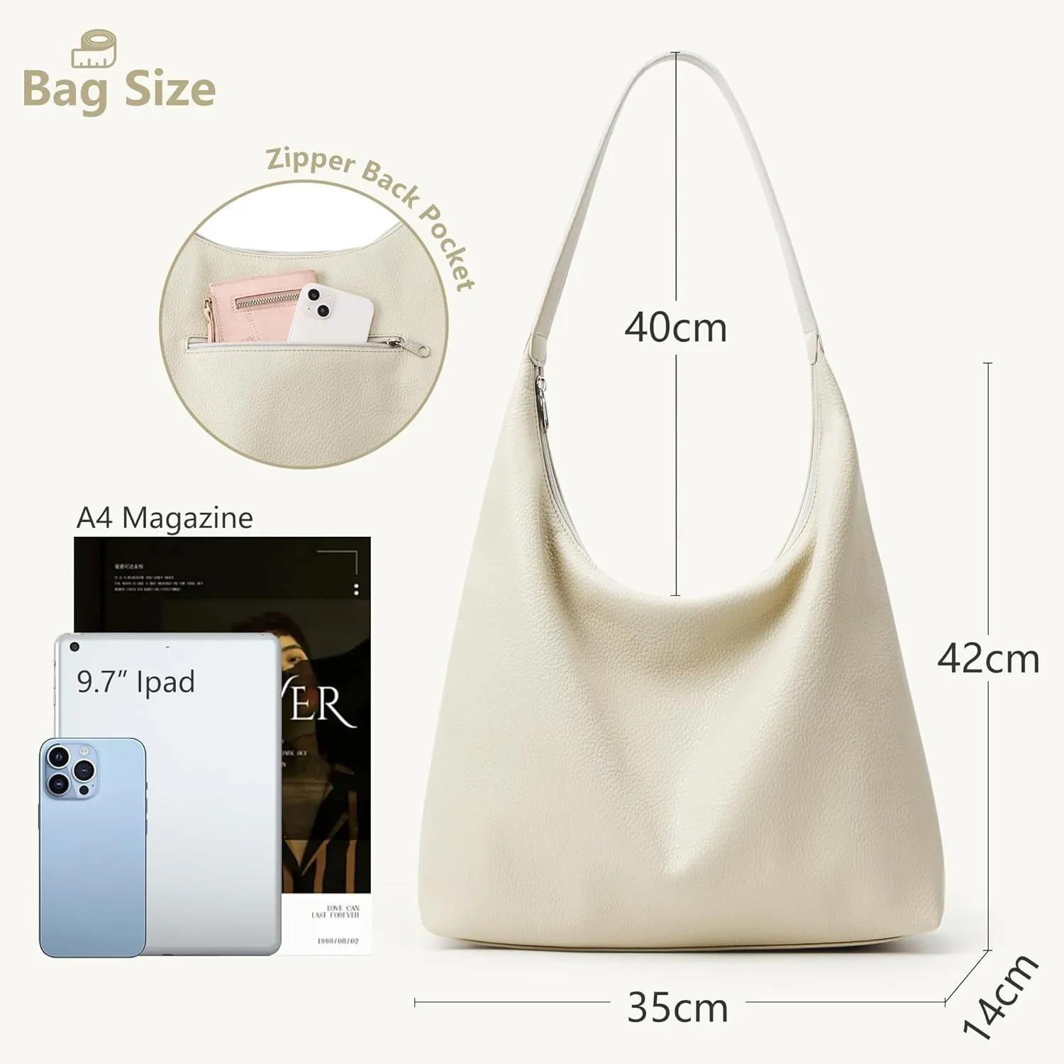 KALIDI Casual Tote Bag Vegan Leather Hobo Zipper Work Bag Weekender Shoulder for Women Shoulder Travel Purse