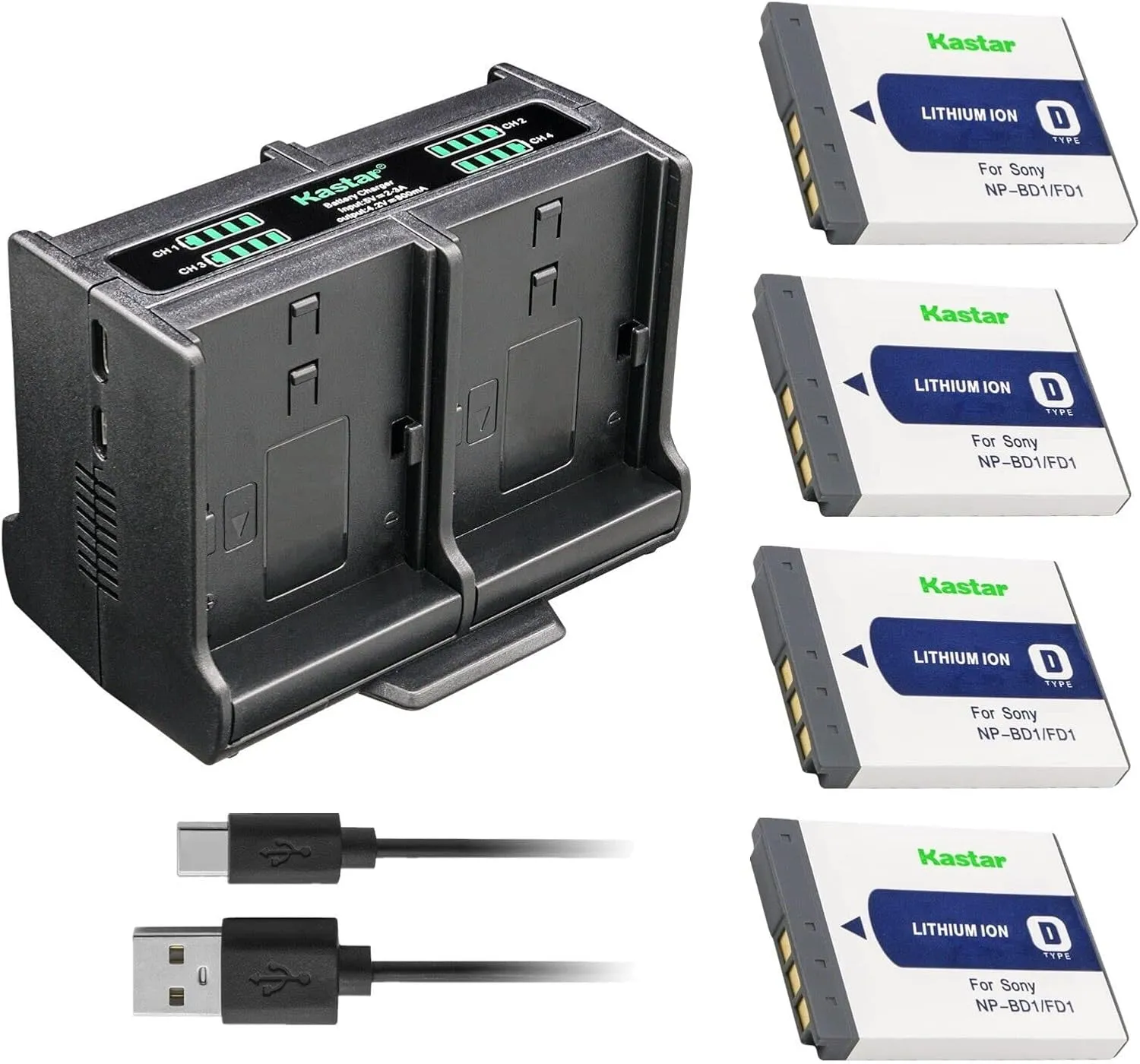 Kastar 4-Pack Battery and Quadruple Charger Compatible with Sony Cyber-Shot DSC-T90, Cyber-Shot DSC-T200, Cyber-Shot DSC-T300, Cyber-Shot DSC-T500, Cyber-Shot DSC-T700, Cyber-Shot DSC-T900 Cameras