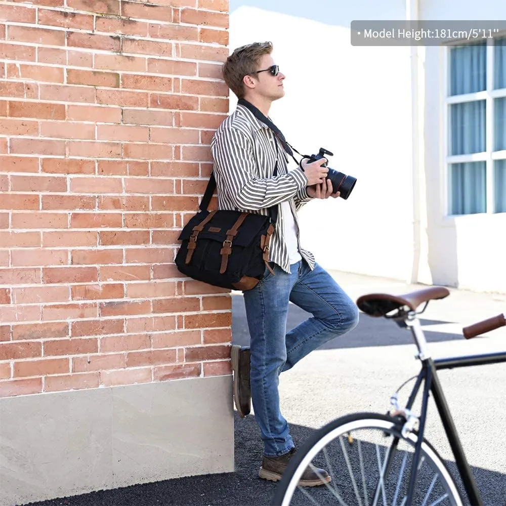 Kattee Leather Canvas Camera Bag Vintage DSLR SLR Messenger Shoulder Bag