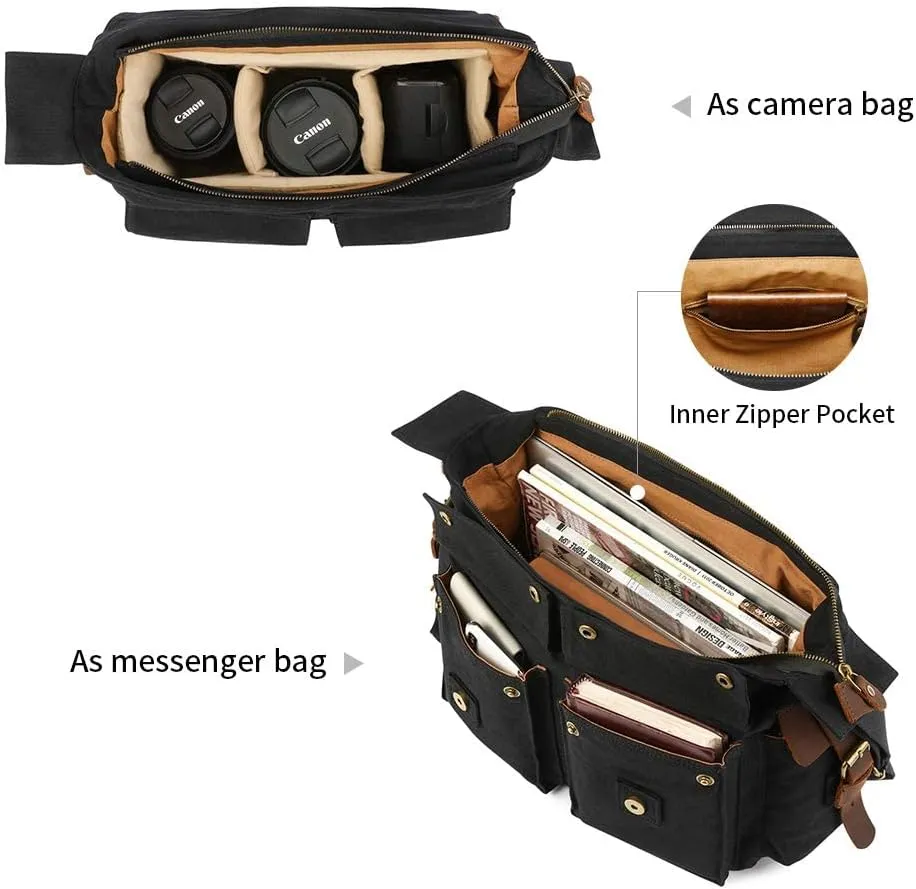 Kattee Leather Canvas Camera Bag Vintage DSLR SLR Messenger Shoulder Bag