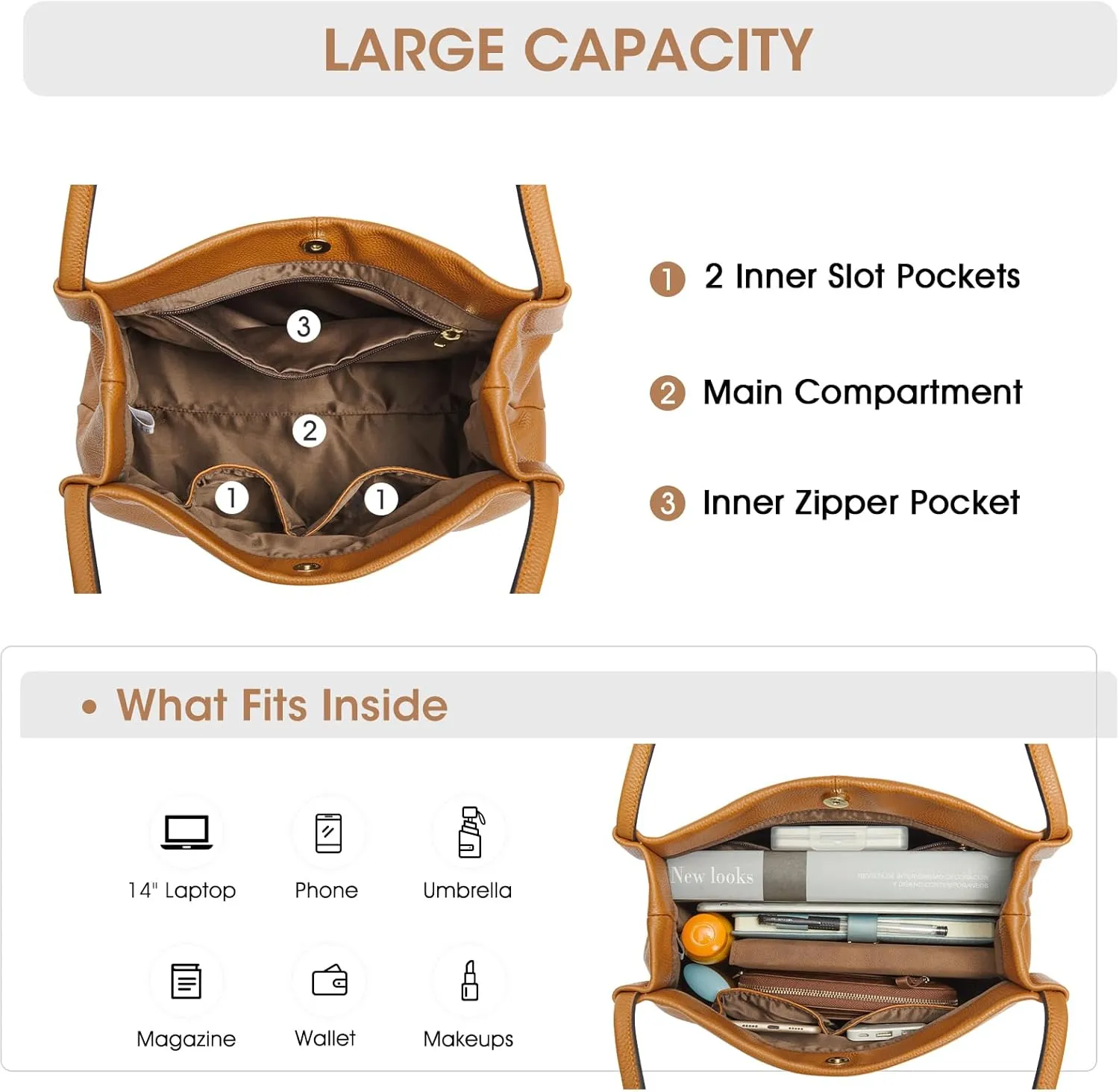 Kattee Leather Tote Bags for Women, Casual Shoulder Hobo Purses and Handbags, Top Magnetic Snap Closure