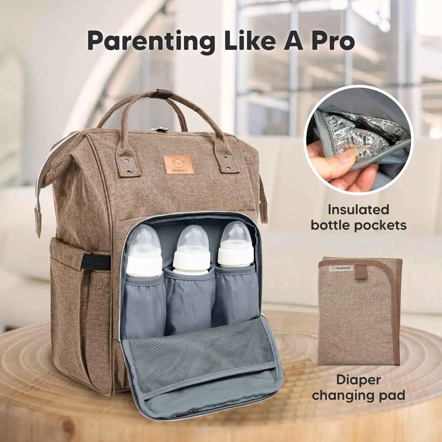 KeaBabies Baby Diaper Bag Backpack - Large Baby Bag for Boys, Girls, Waterproof Multi Function Travel Diaper Backpack with Changing Pad, Durable Travel Essentials for Moms and Dads (Coffee Brown)