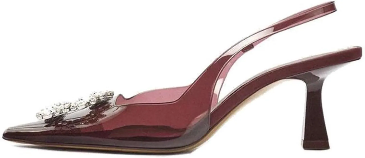 keleimusi Clear Slingback Heeled Shoes for Women Crystal Rhinestone Pointed Toe Wedding Kitten Heels